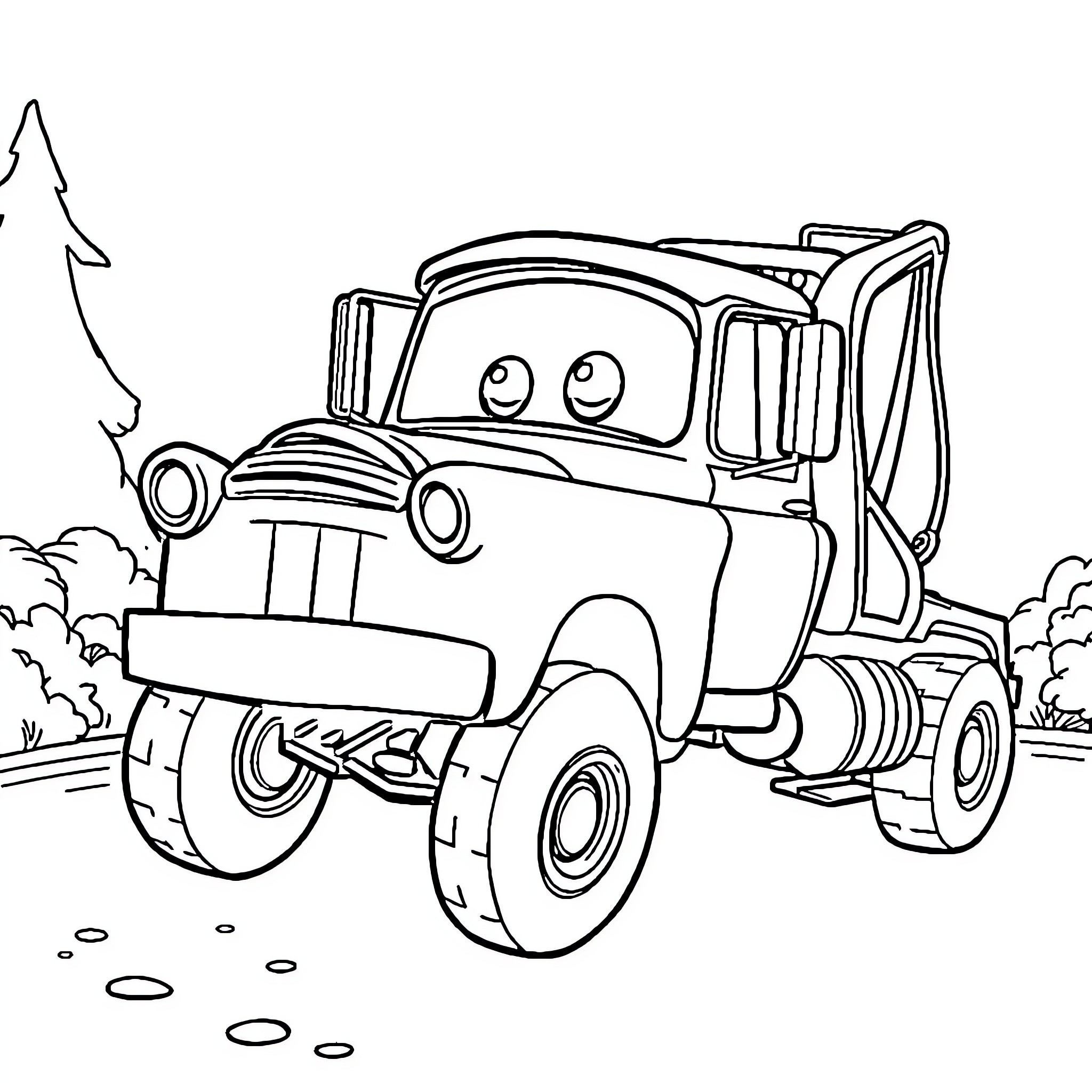 Tow Truck Providing Roadside Assistance Coloring Page (free black-and-white line drawing printable PDF for all, from beginners to advanced learners, including children, teens, adults, and seniors)