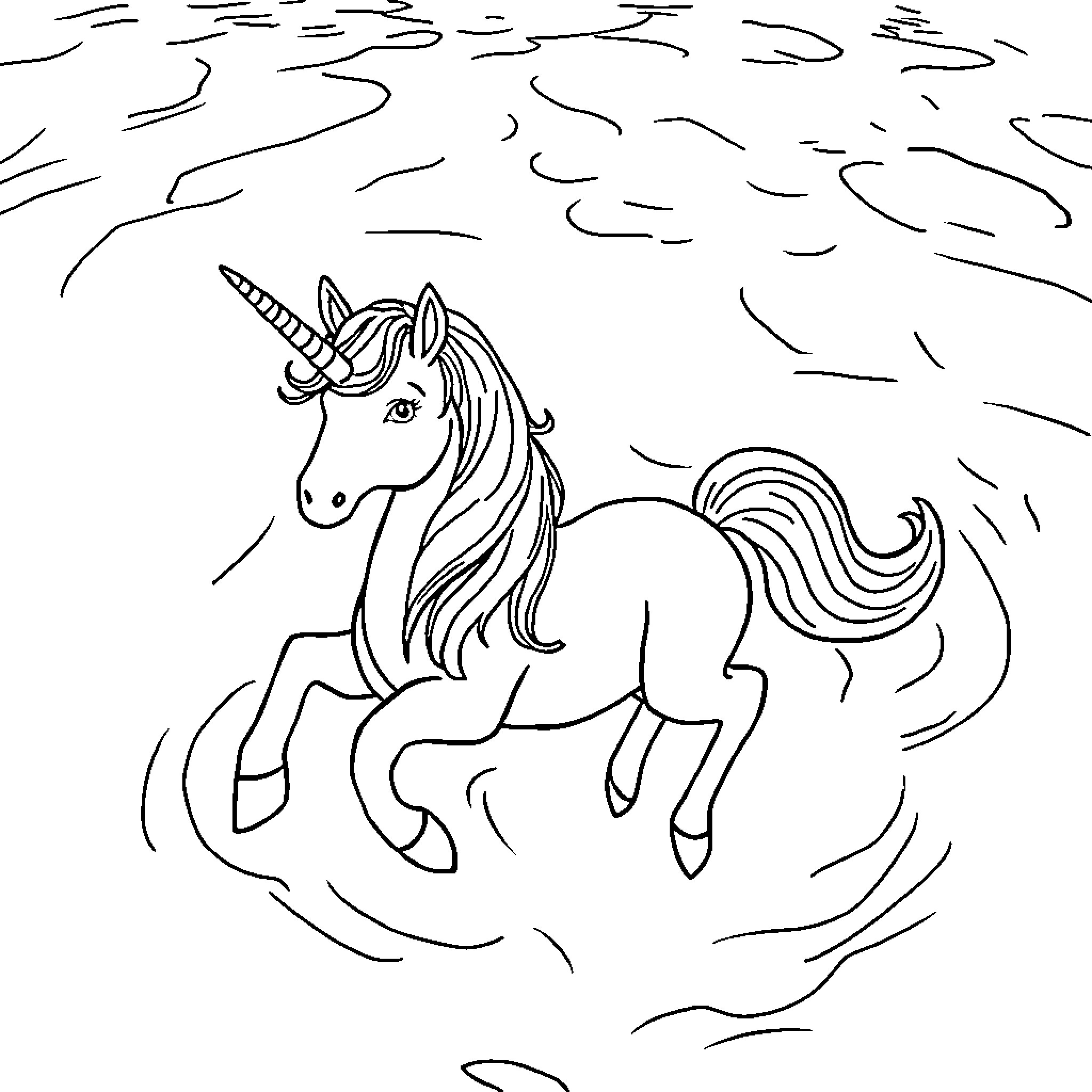 Unicorn galloping through a magical storm Coloring Page (free black-and-white line drawing printable PDF for all, from beginners to advanced learners, including children, teens, adults, and seniors)