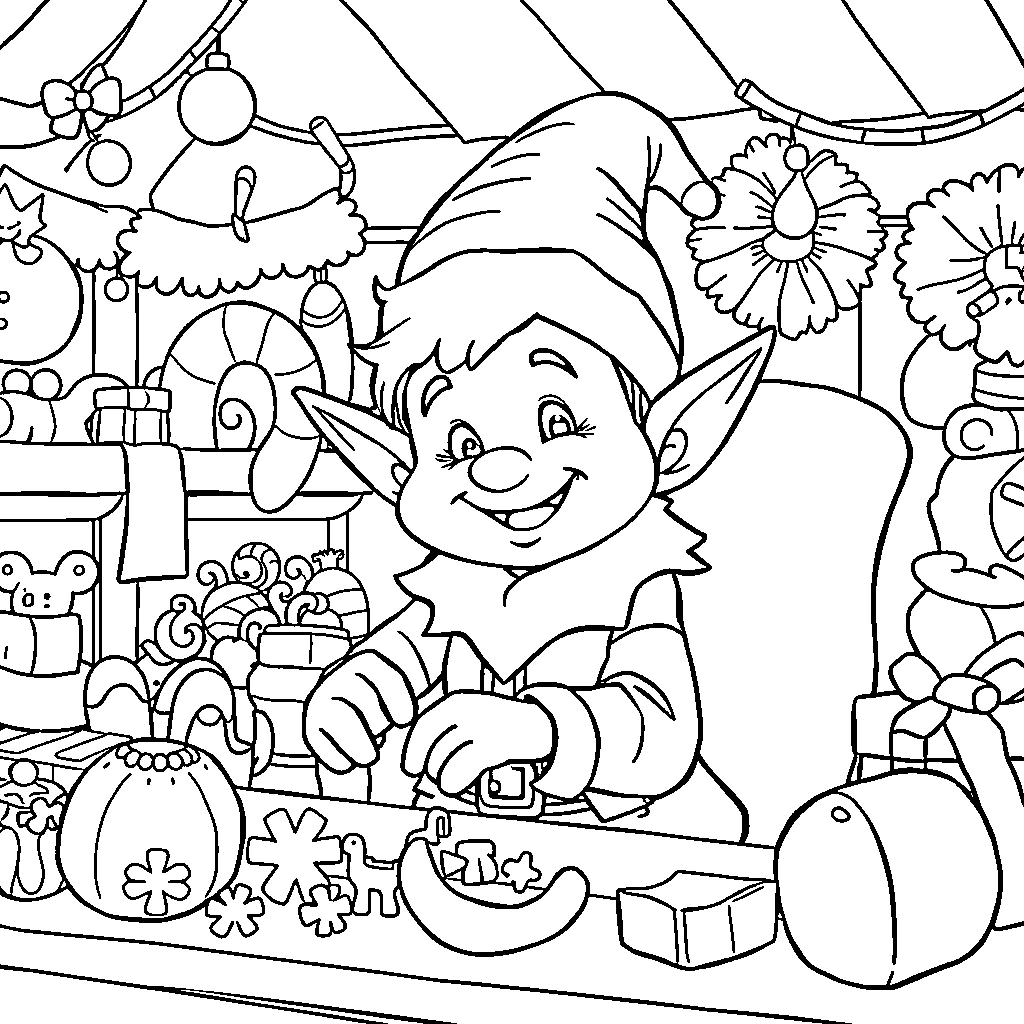 Elf Enjoying Whimsical Holiday Decorations Coloring Page (free black-and-white line drawing printable PDF for all, from beginners to advanced learners, including children, teens, adults, and seniors)