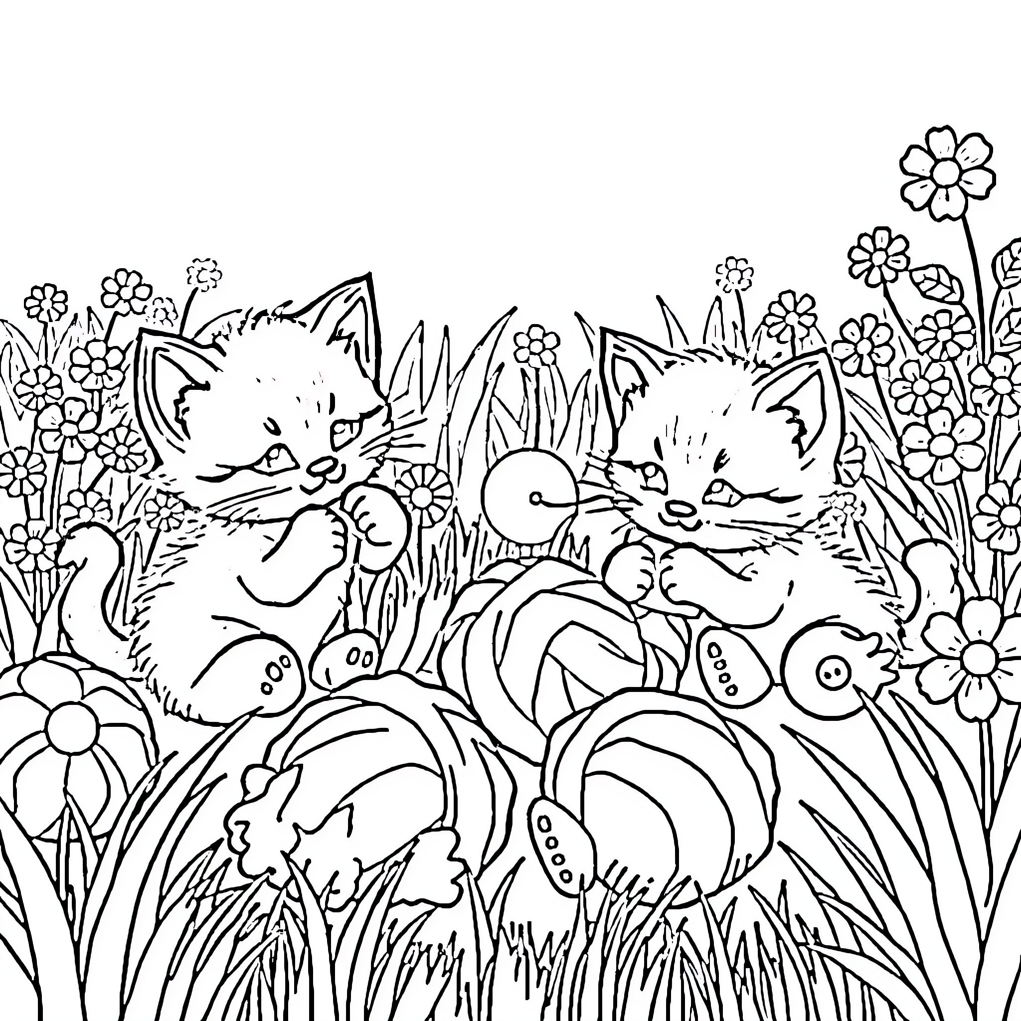 Kittens frolicking in a whimsical flower garden Coloring Page (free black-and-white line drawing printable PDF for all, from beginners to advanced learners, including children, teens, adults, and seniors)