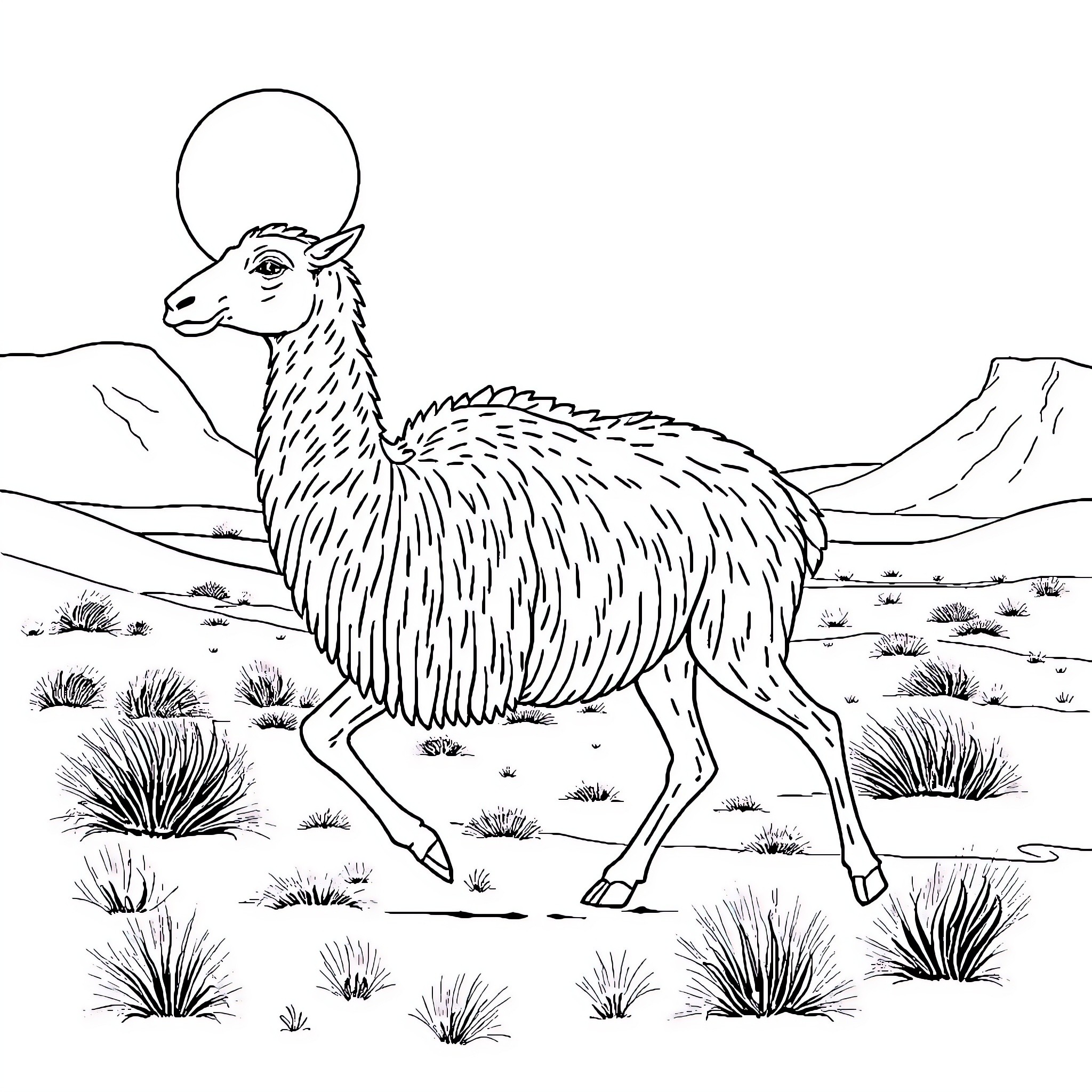 Camel walking through desert landscape Coloring Page (free black-and-white line drawing printable PDF for all, from beginners to advanced learners, including children, teens, adults, and seniors)