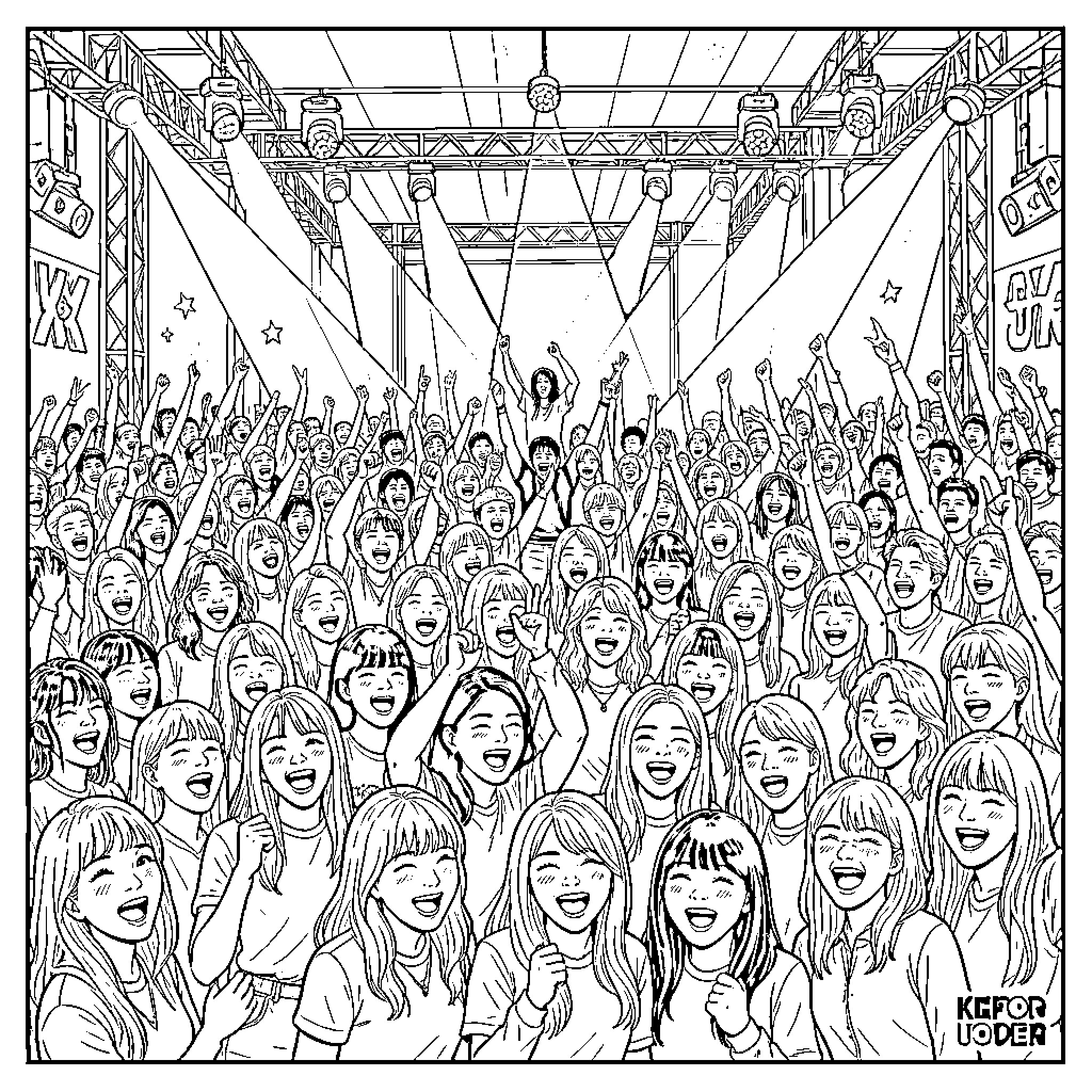 Kpop Fans Cheering Excitedly at a Lively Concert Coloring Page (free black-and-white line drawing printable PDF for all, from beginners to advanced learners, including children, teens, adults, and seniors)