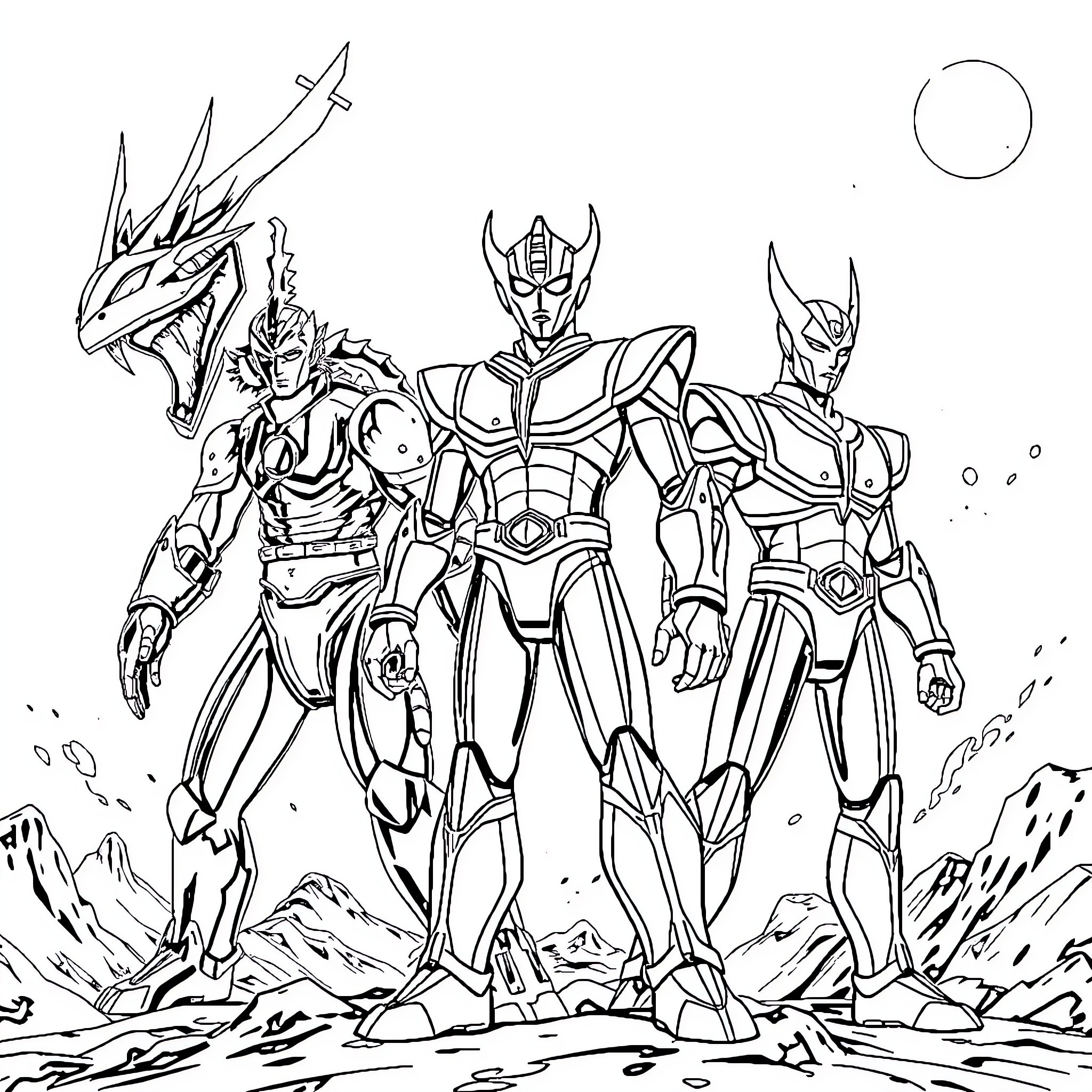Ultraman heroes unite in epic battle stance Coloring Page (free black-and-white line drawing printable PDF for all, from beginners to advanced learners, including children, teens, adults, and seniors)