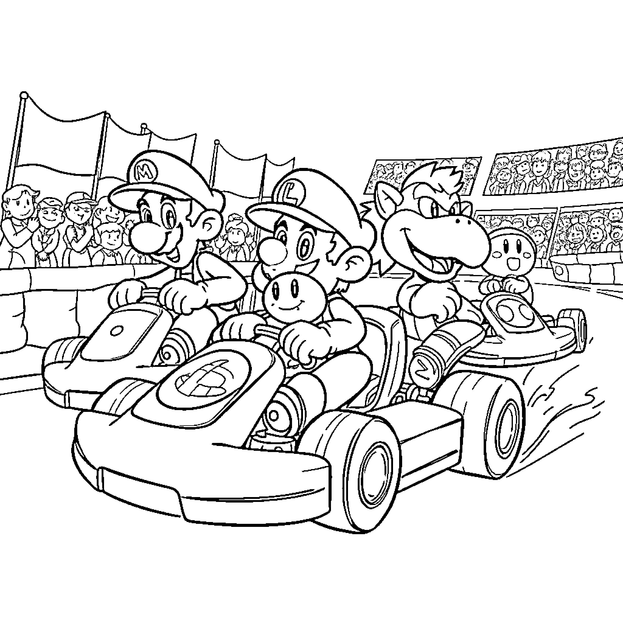 Kart Racing Excitement Among Animated Characters Coloring Page (free black-and-white line drawing printable PDF for all, from beginners to advanced learners, including children, teens, adults, and seniors)