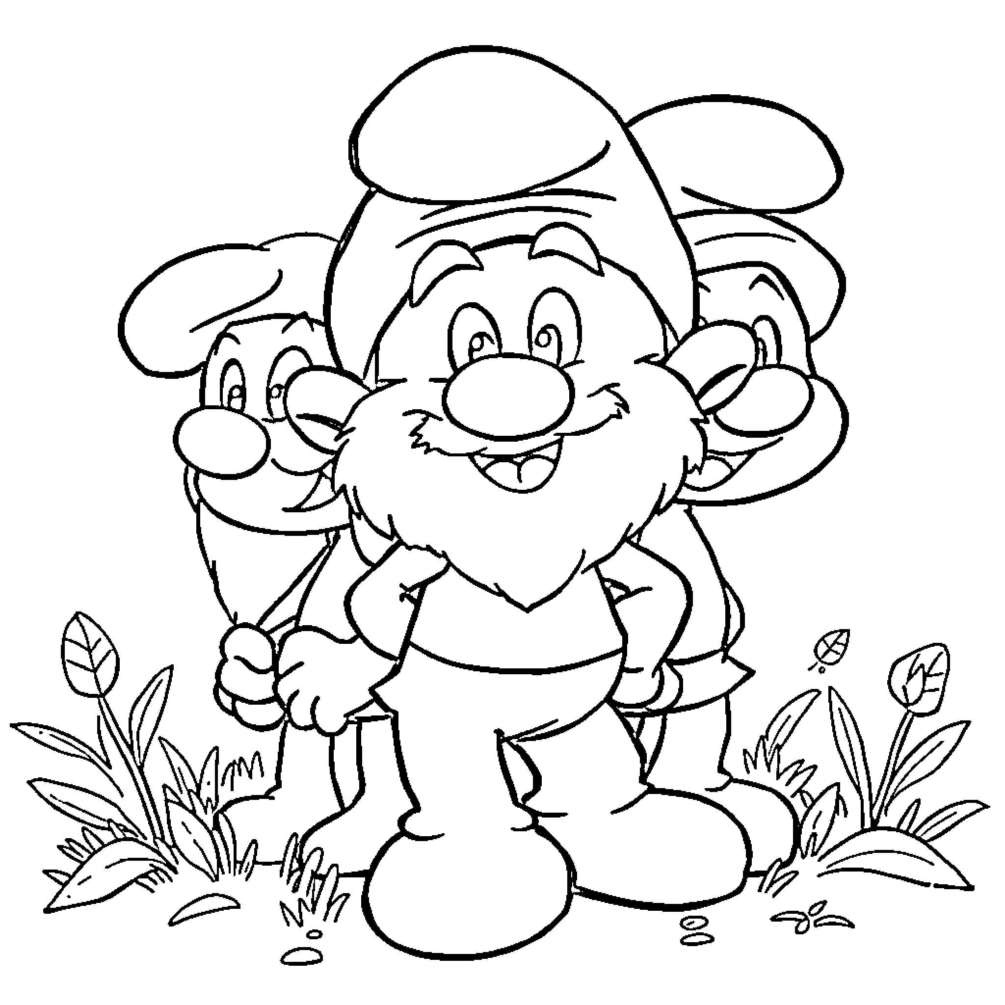 Smurfs playing happily in the meadow Coloring Page (free black-and-white line drawing printable PDF for all, from beginners to advanced learners, including children, teens, adults, and seniors)
