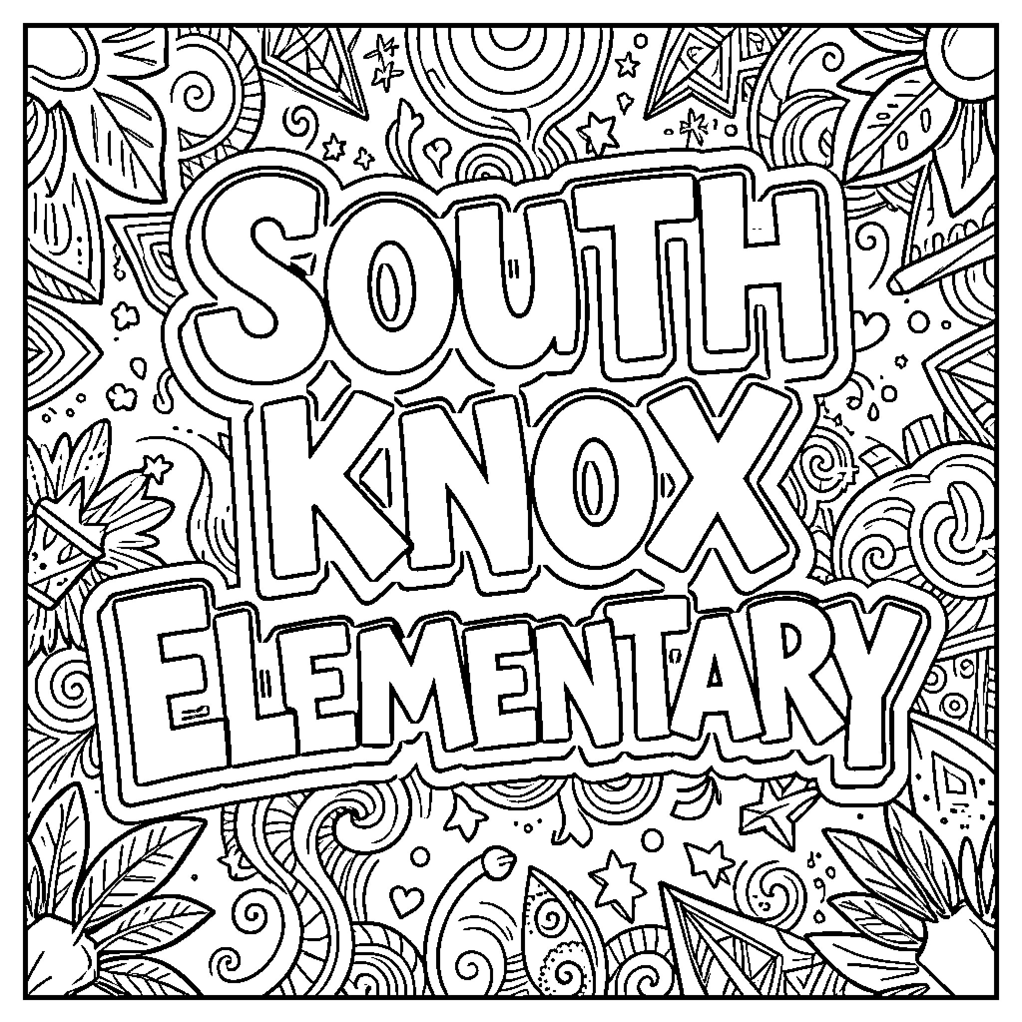 Graffiti style lettering surrounded by swirling patterns and stars Coloring Page (free black-and-white line drawing printable PDF for all, from beginners to advanced learners, including children, teens, adults, and seniors)