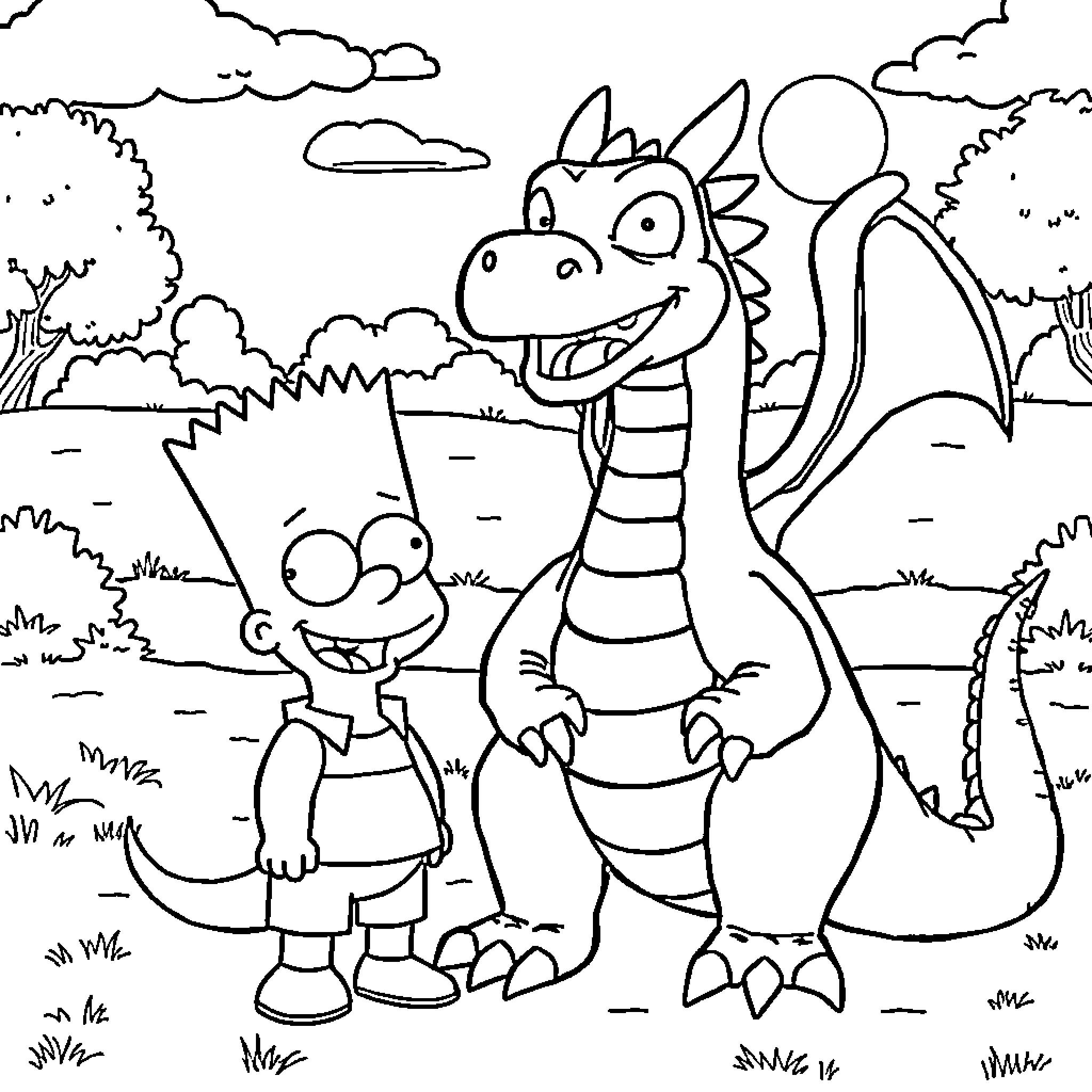 Bart Simpson's Magical Encounter with a Friendly Dragon Coloring Page (free black-and-white line drawing printable PDF for all, from beginners to advanced learners, including children, teens, adults, and seniors)