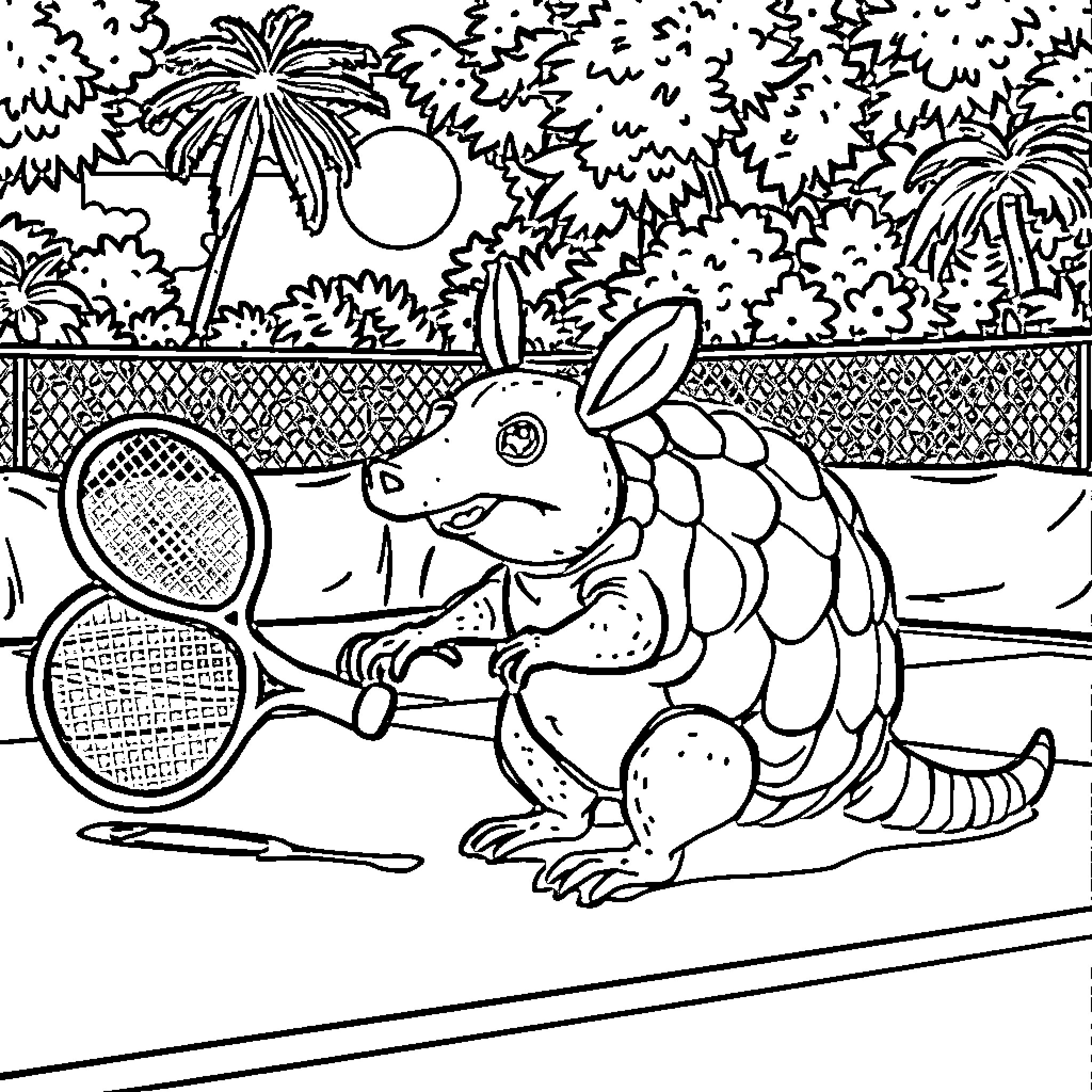Armadillo playing tennis on a tropical court Coloring Page (free black-and-white line drawing printable PDF for all, from beginners to advanced learners, including children, teens, adults, and seniors)