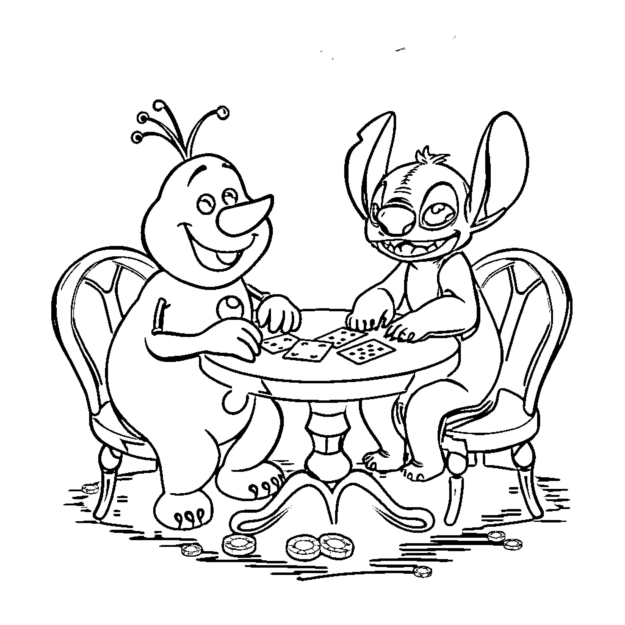 Snowman playing cards with Stitch at the table Coloring Page (free black-and-white line drawing printable PDF for all, from beginners to advanced learners, including children, teens, adults, and seniors)