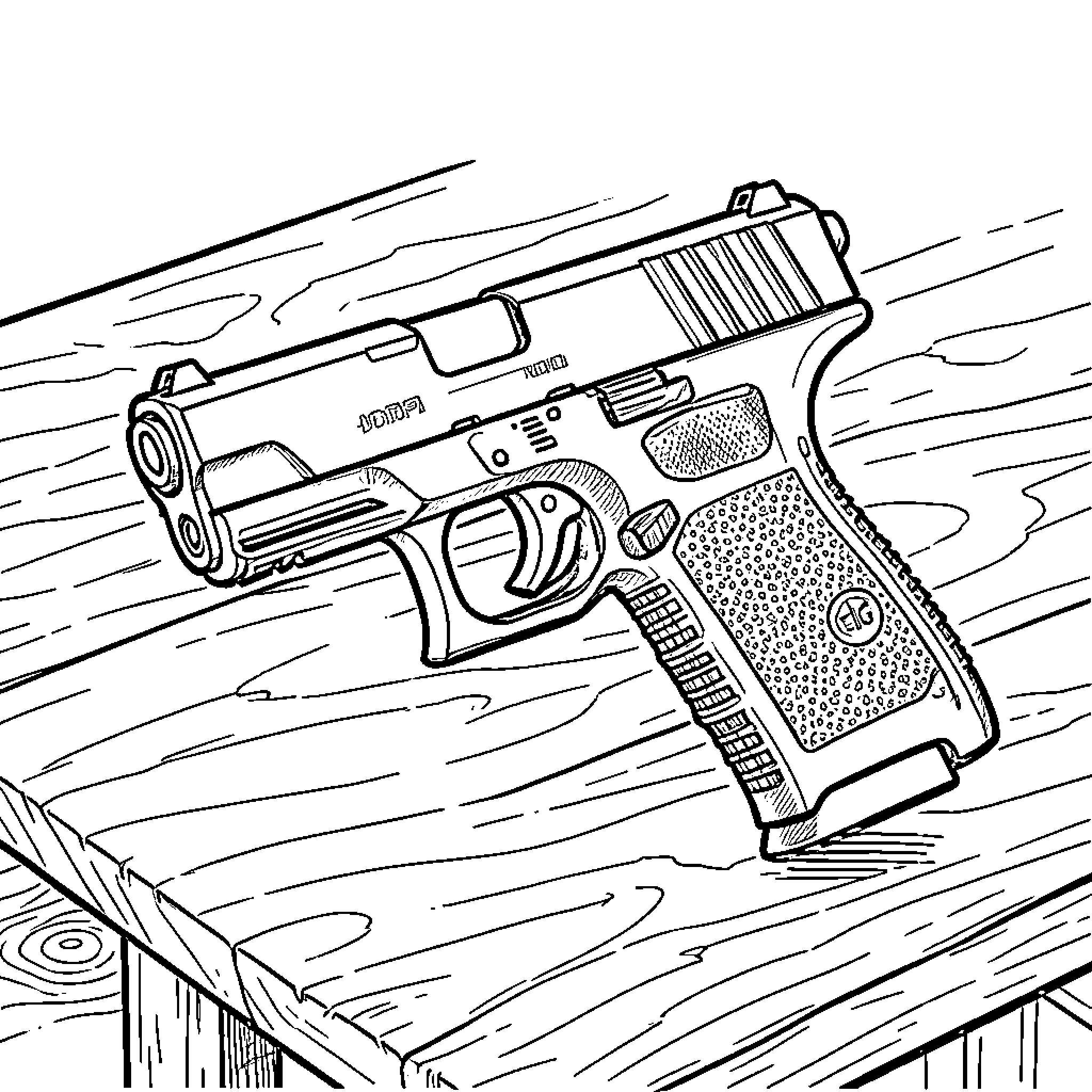 Sig P365 resting on a wooden surface Coloring Page (free black-and-white line drawing printable PDF for all, from beginners to advanced learners, including children, teens, adults, and seniors)