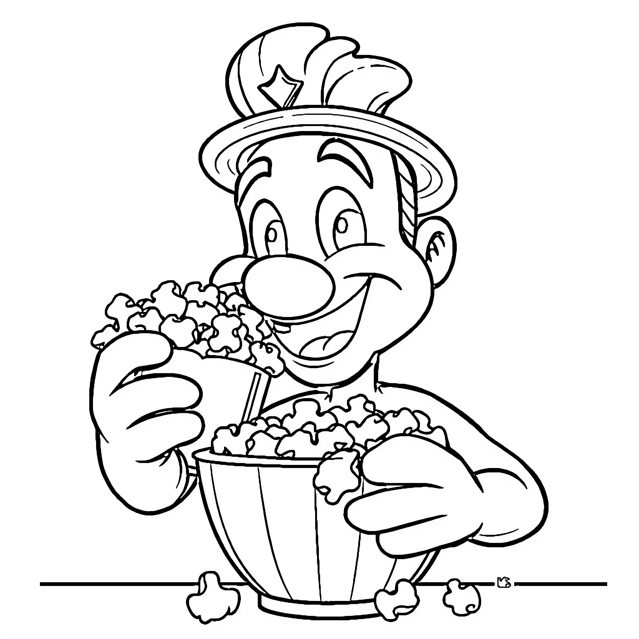 Marcus Theatres Mascot Enjoys Movie Snacks Coloring Page (free black-and-white line drawing printable PDF for all, from beginners to advanced learners, including children, teens, adults, and seniors)