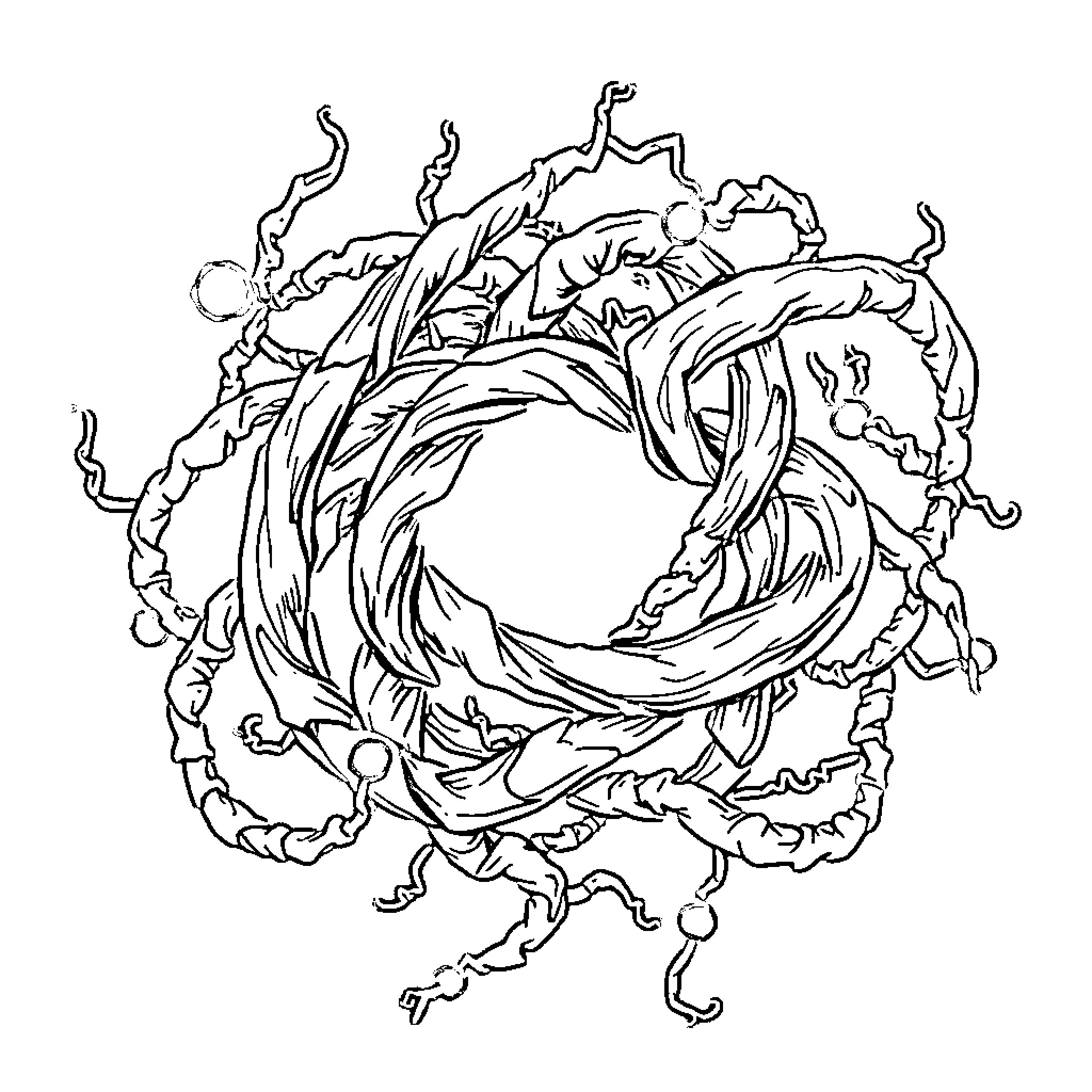 Witch's Enchanted Wreath of Mystical Foliage Coloring Page (free black-and-white line drawing printable PDF for all, from beginners to advanced learners, including children, teens, adults, and seniors)