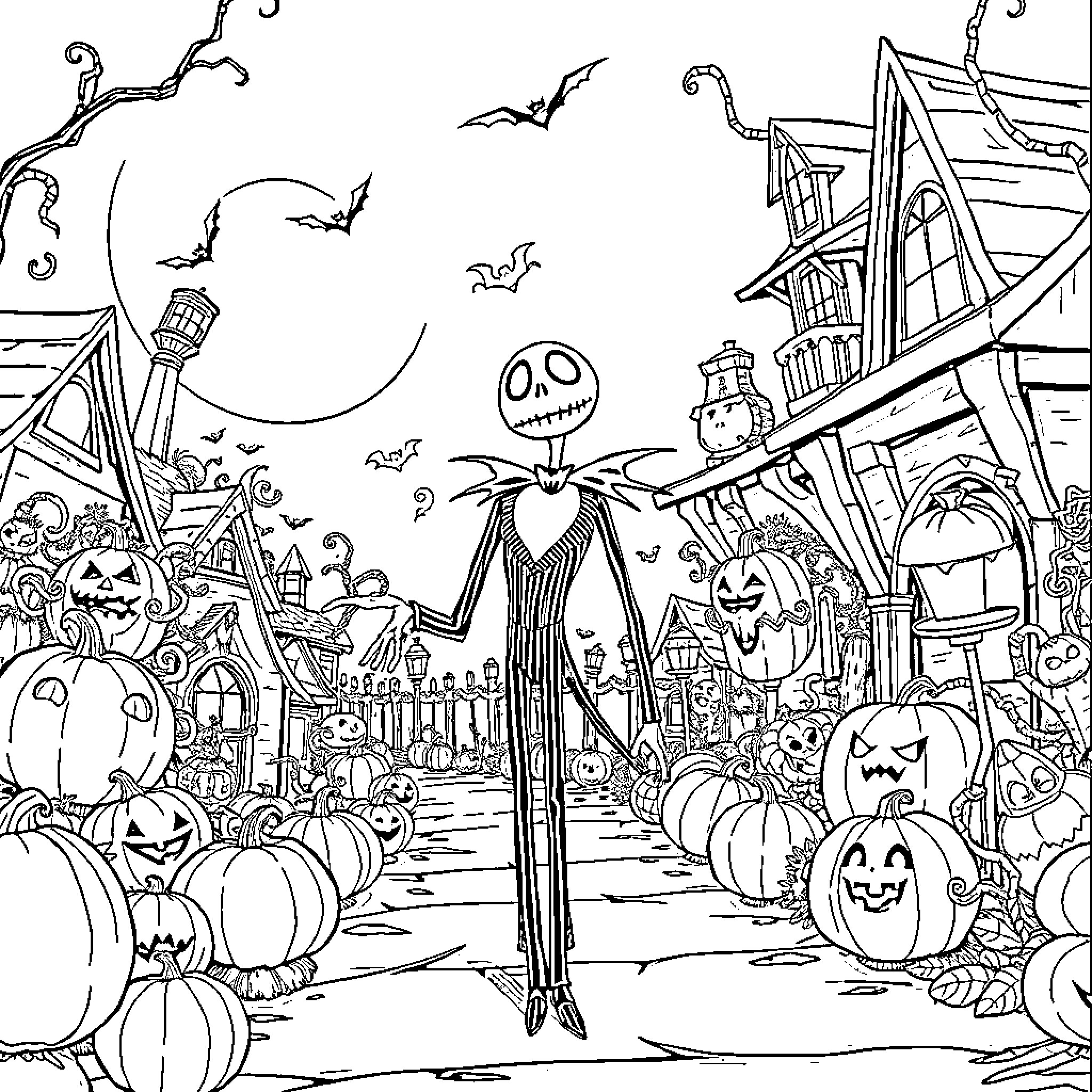 Nightmare Before Christmas: Spooky Festivities and Eerie Figures Coloring Page (free black-and-white line drawing printable PDF for all, from beginners to advanced learners, including children, teens, adults, and seniors)