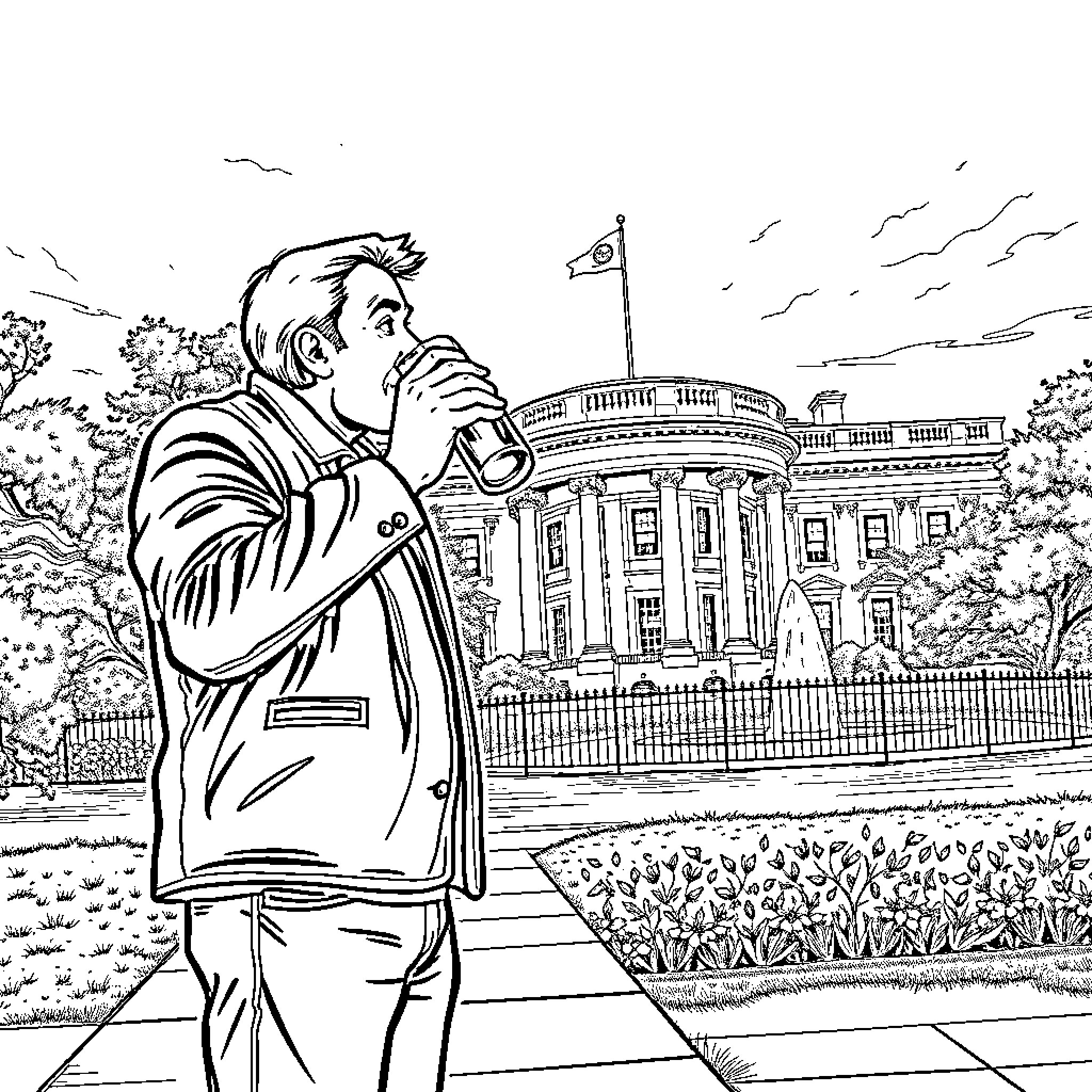 Man giving speech in front of government building Coloring Page (free black-and-white line drawing printable PDF for all, from beginners to advanced learners, including children, teens, adults, and seniors)