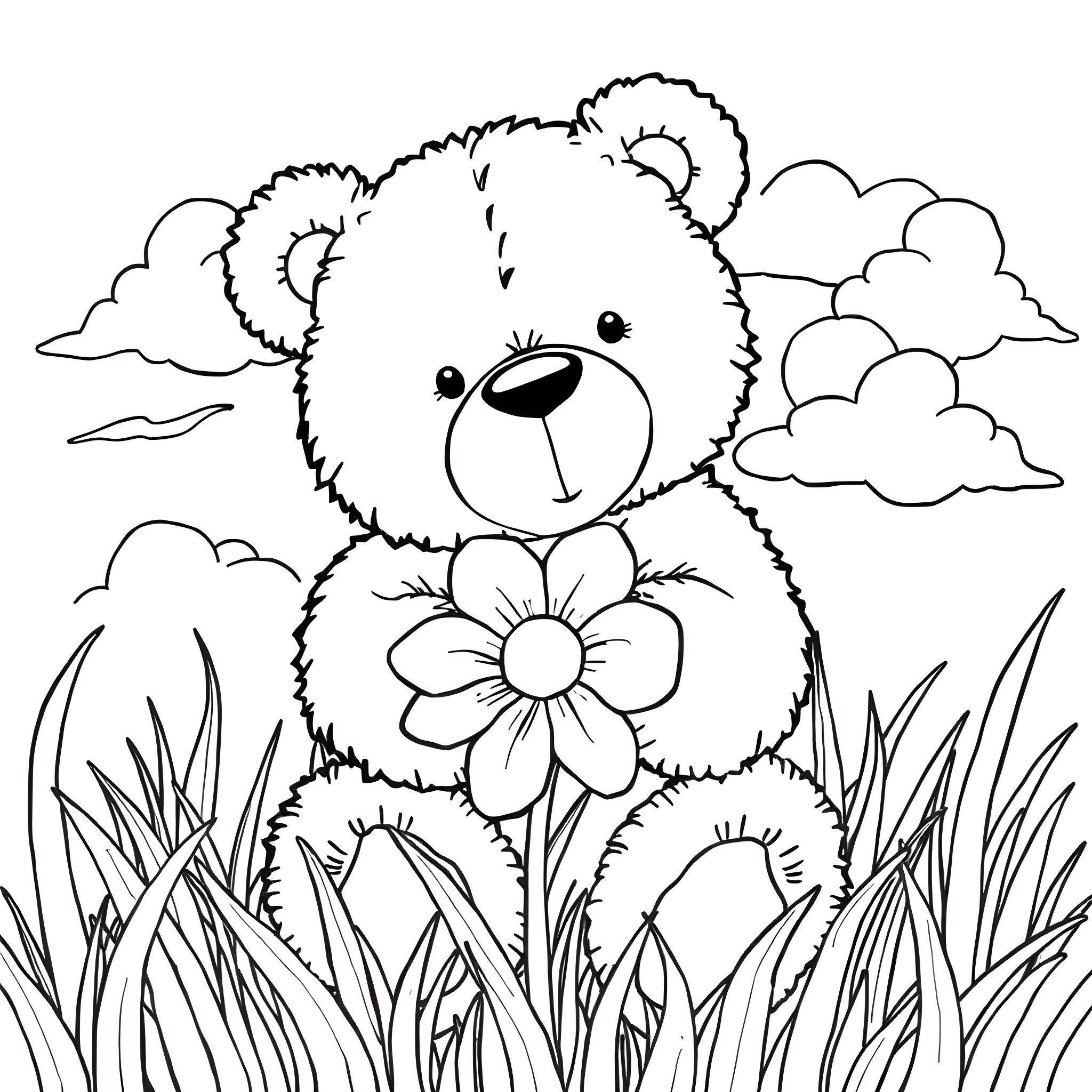 Teddy Bear with Flower in Grassy Field Coloring Page (free black-and-white line drawing printable PDF for all, from beginners to advanced learners, including children, teens, adults, and seniors)