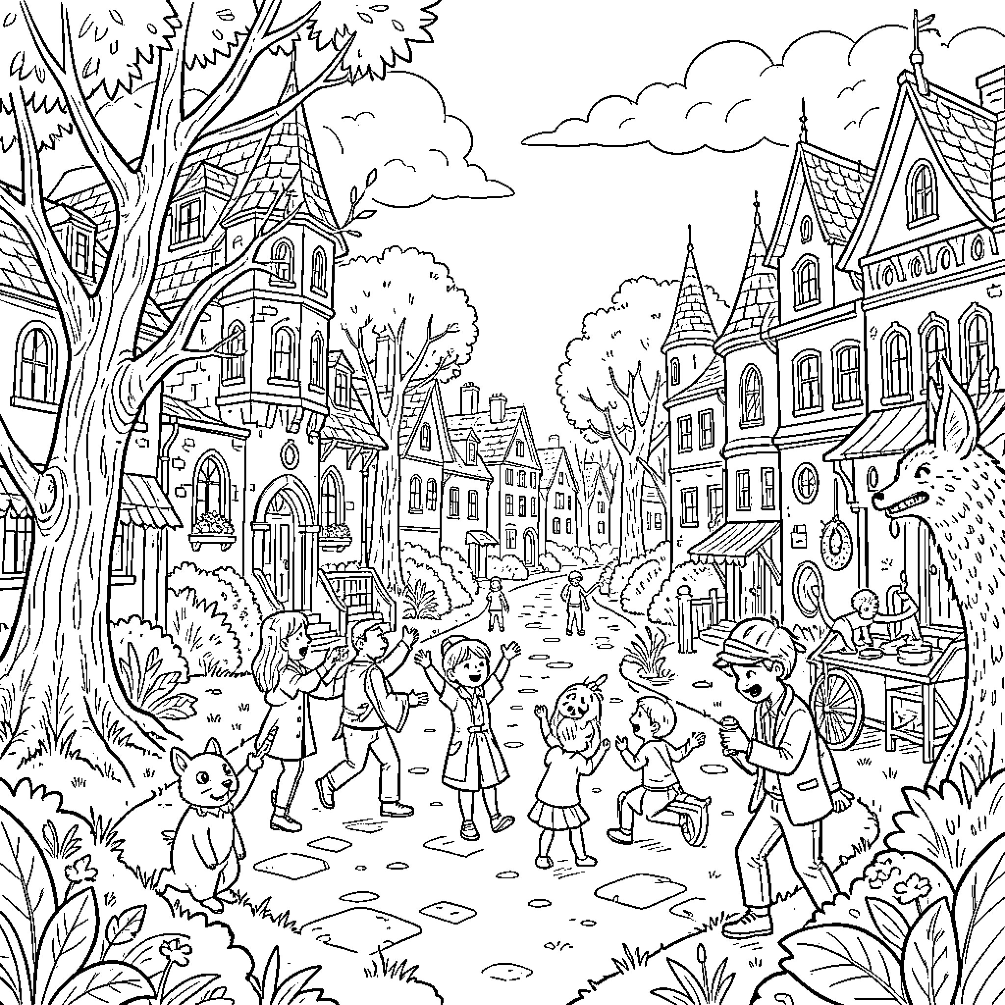 Pareceux children playing and walking through a town street Coloring Page (free black-and-white line drawing printable PDF for all, from beginners to advanced learners, including children, teens, adults, and seniors)