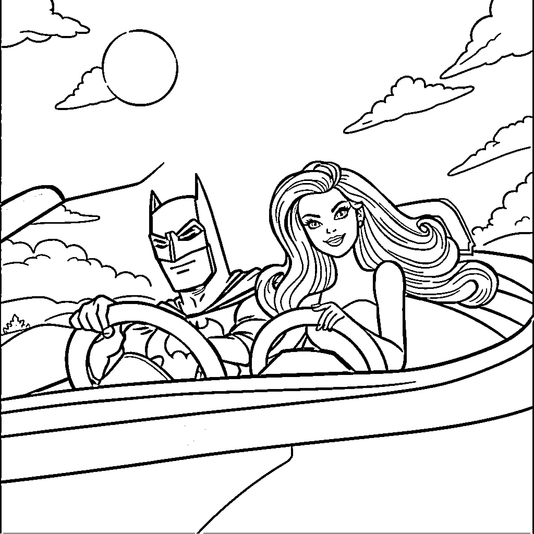 Car ride with superhero and woman Coloring Page (free black-and-white line drawing printable PDF for all, from beginners to advanced learners, including children, teens, adults, and seniors)