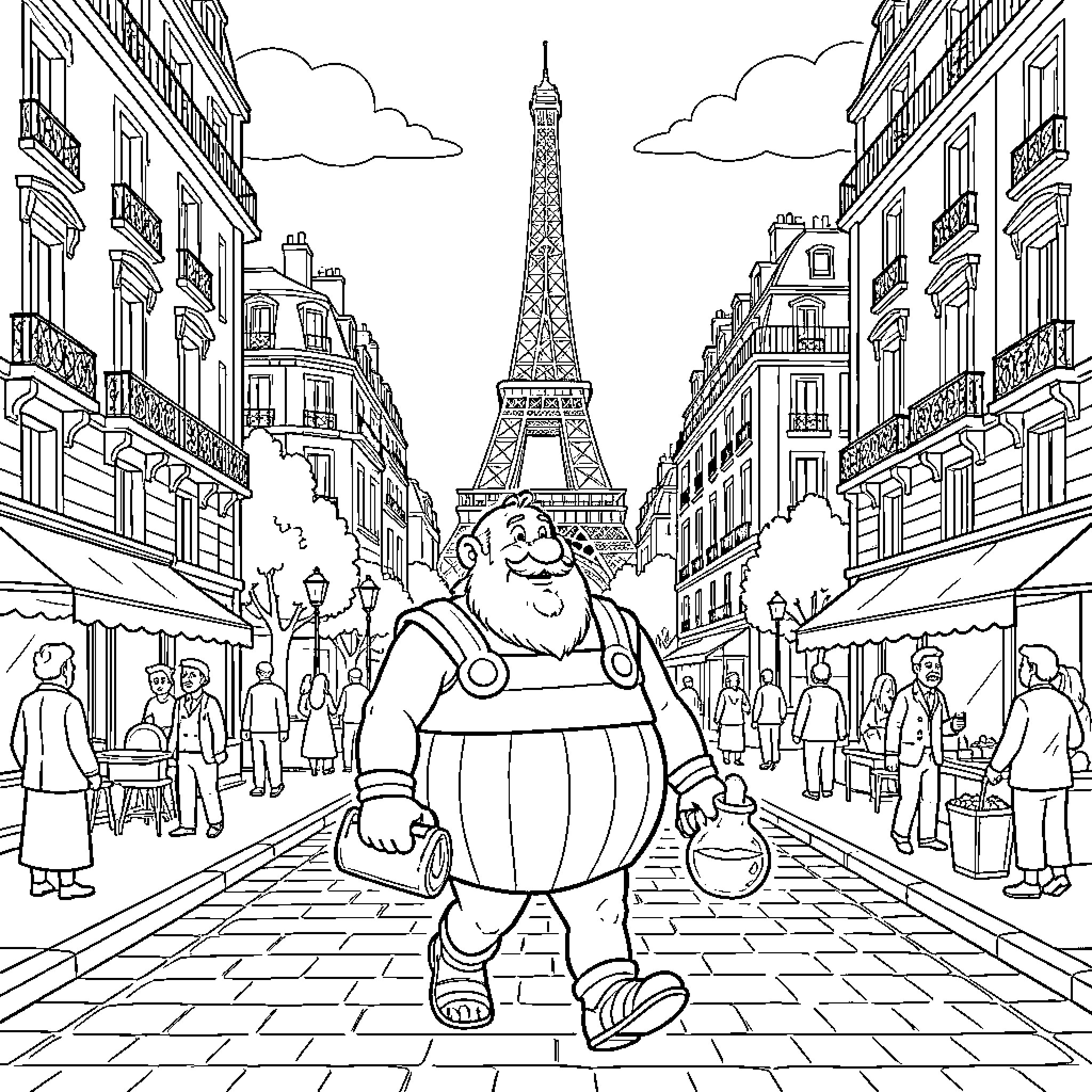 Obelix walking happily through a Parisian street Coloring Page (free black-and-white line drawing printable PDF for all, from beginners to advanced learners, including children, teens, adults, and seniors)