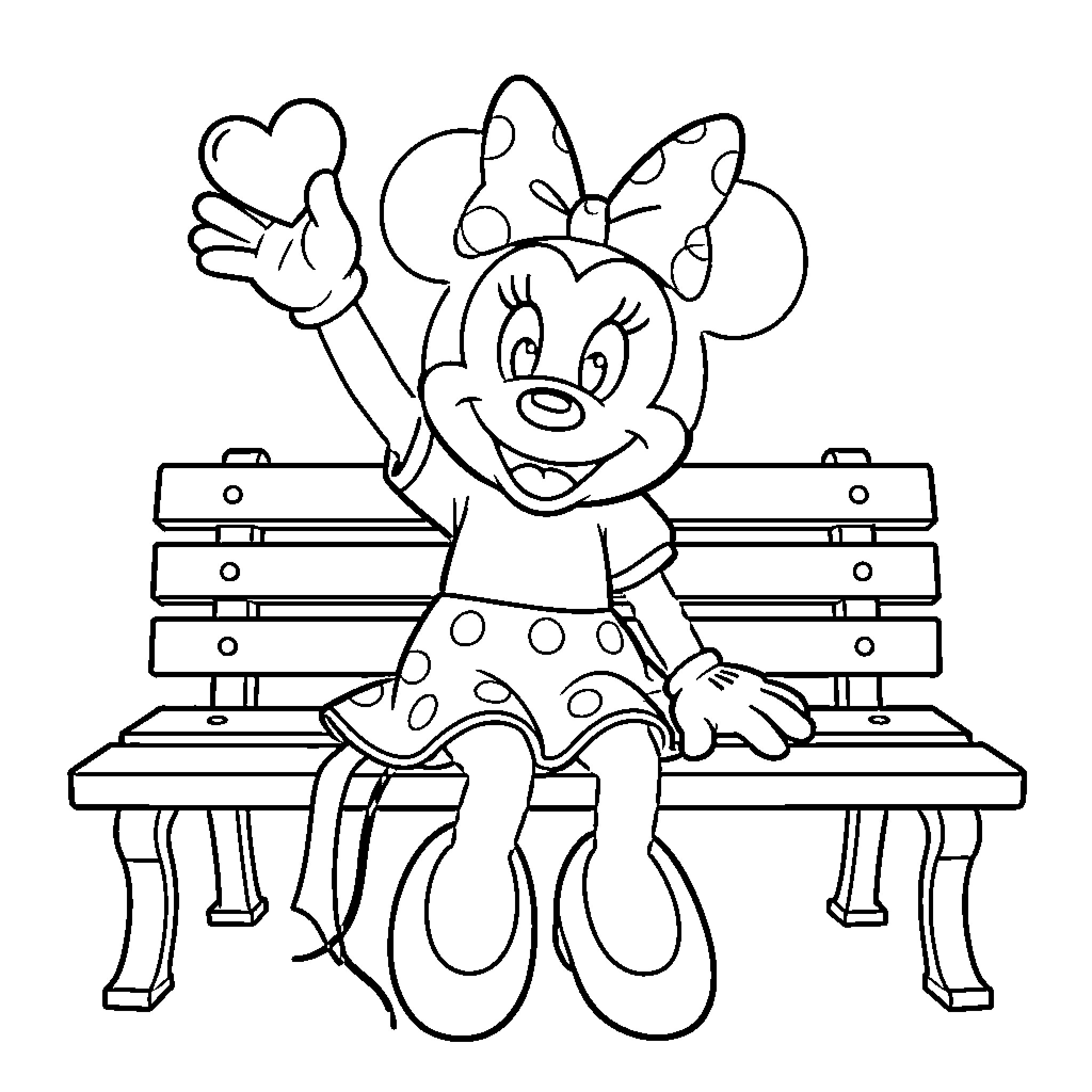 Minnie sitting on a bench holding a heart Coloring Page (free black-and-white line drawing printable PDF for all, from beginners to advanced learners, including children, teens, adults, and seniors)