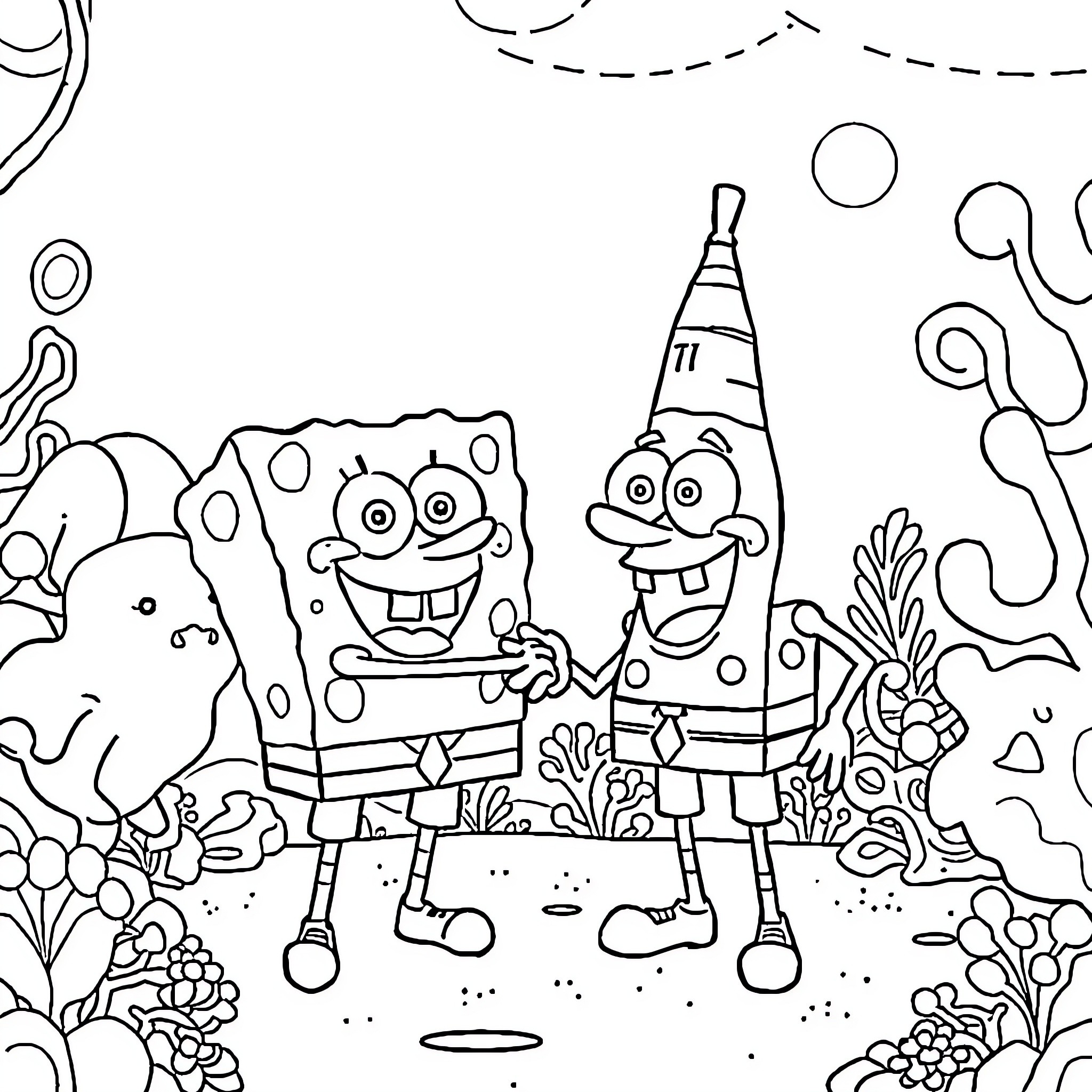 Spongebob and Patrick in a whimsical underwater scene Coloring Page (free black-and-white line drawing printable PDF for all, from beginners to advanced learners, including children, teens, adults, and seniors)