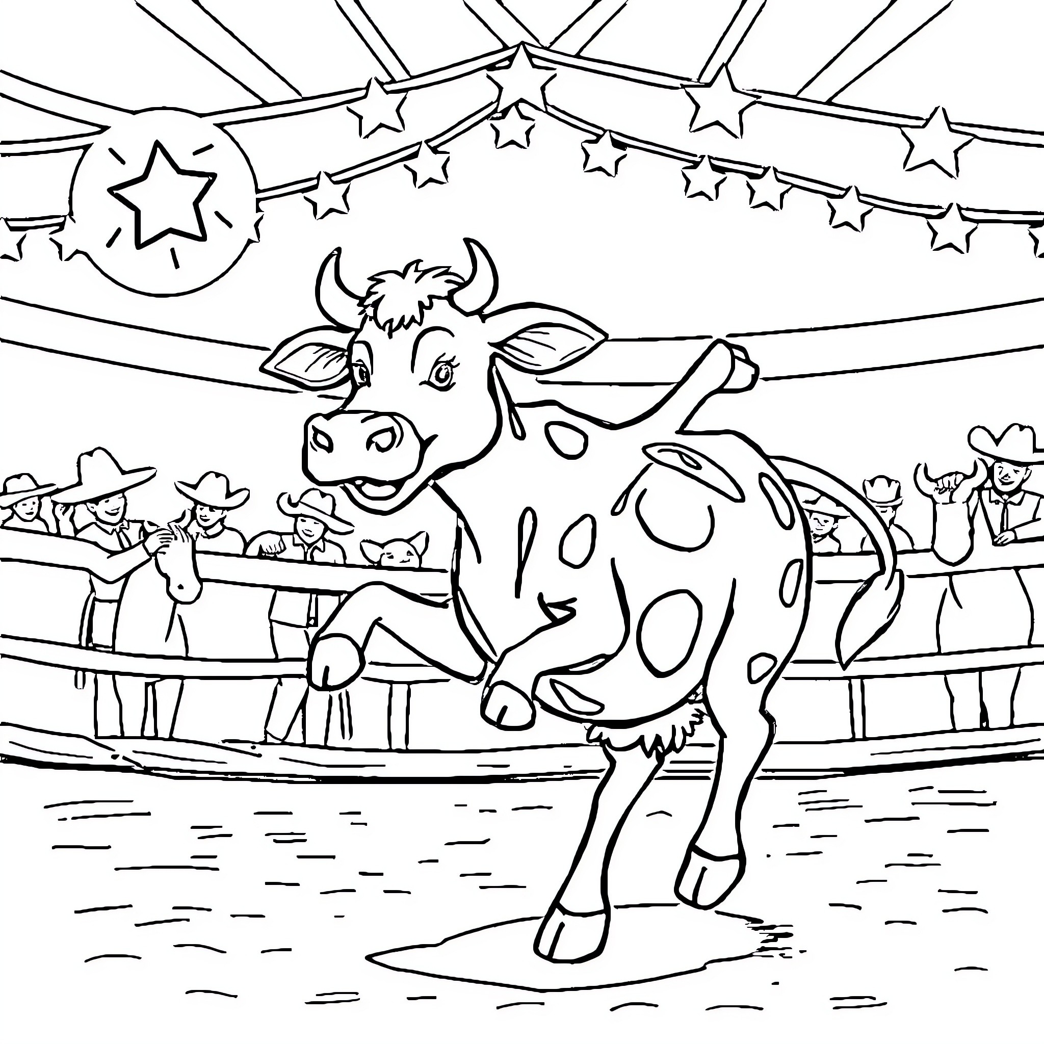 Cow performing in a circus ring Coloring Page (free black-and-white line drawing printable PDF for all, from beginners to advanced learners, including children, teens, adults, and seniors)