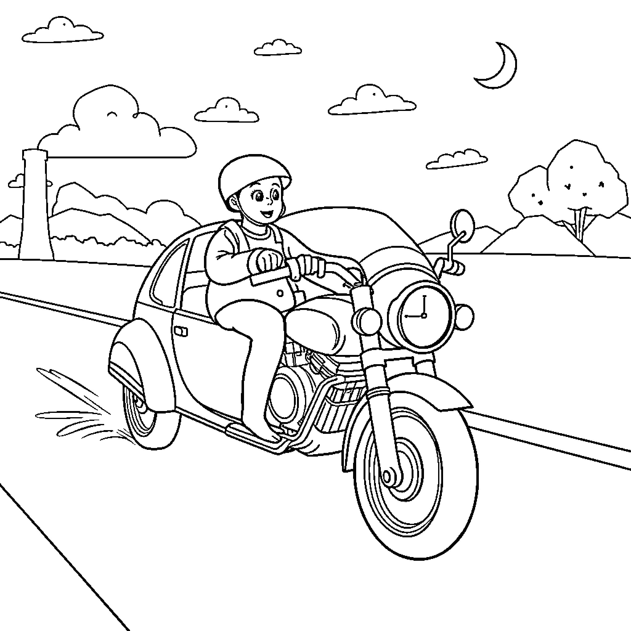 Car riding on the road at night Coloring Page (free black-and-white line drawing printable PDF for all, from beginners to advanced learners, including children, teens, adults, and seniors)