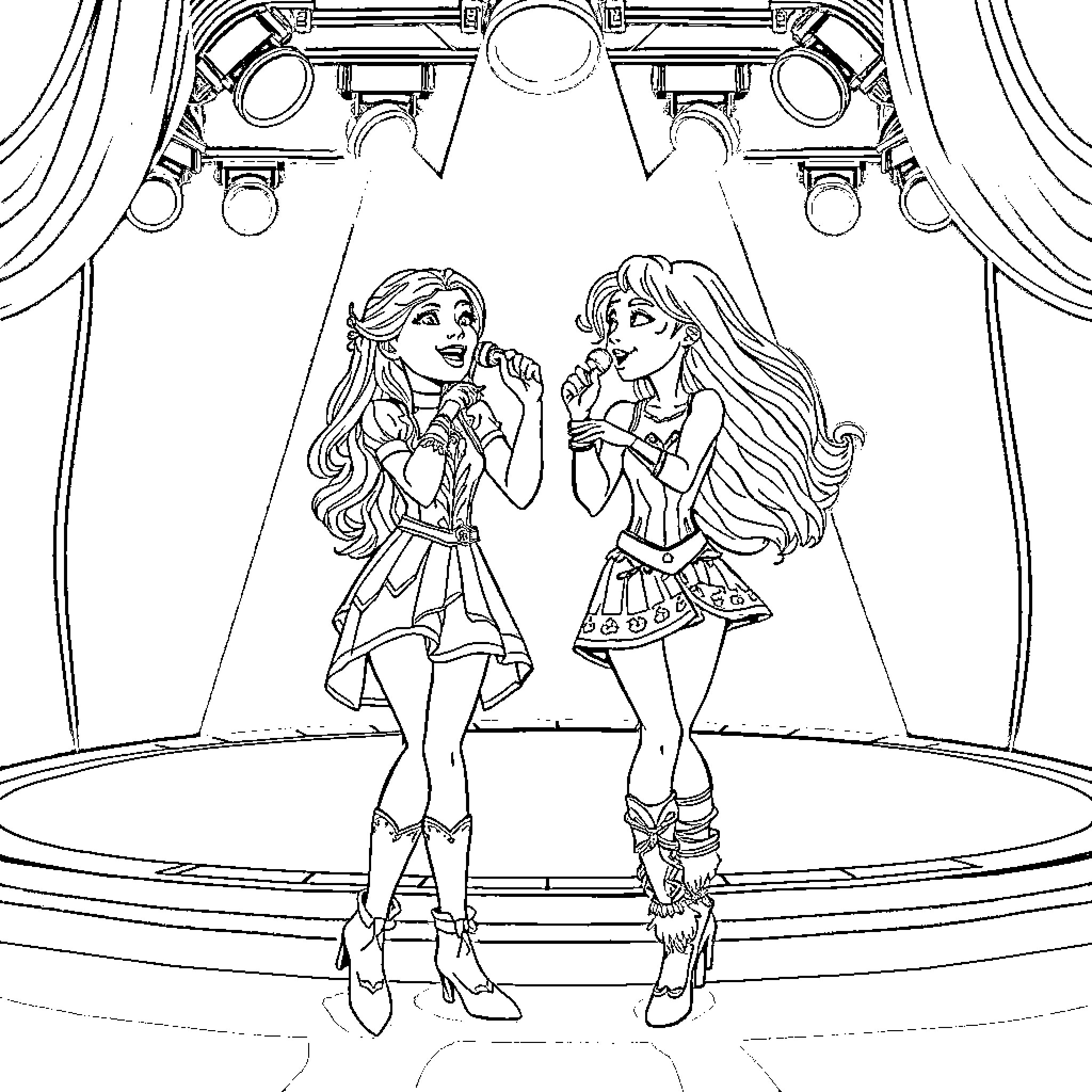 Evie's Spotlight Showcase Coloring Page (free black-and-white line drawing printable PDF for all, from beginners to advanced learners, including children, teens, adults, and seniors)