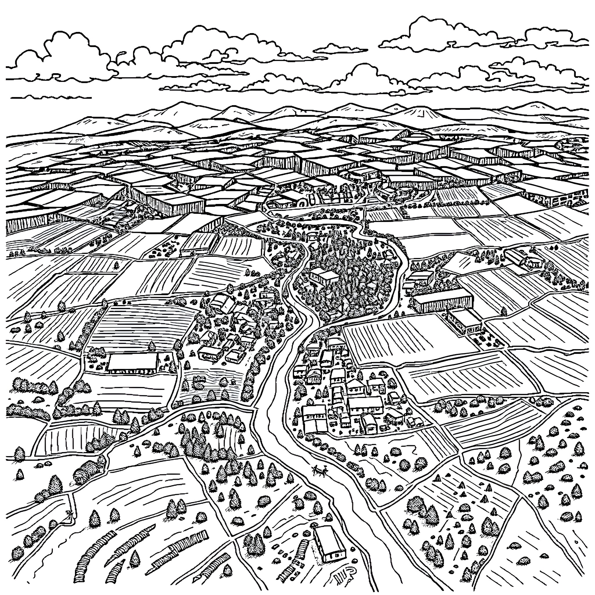 Map of a Sprawling Rural Landscape with Buildings and Trees Coloring Page (free black-and-white line drawing printable PDF for all, from beginners to advanced learners, including children, teens, adults, and seniors)