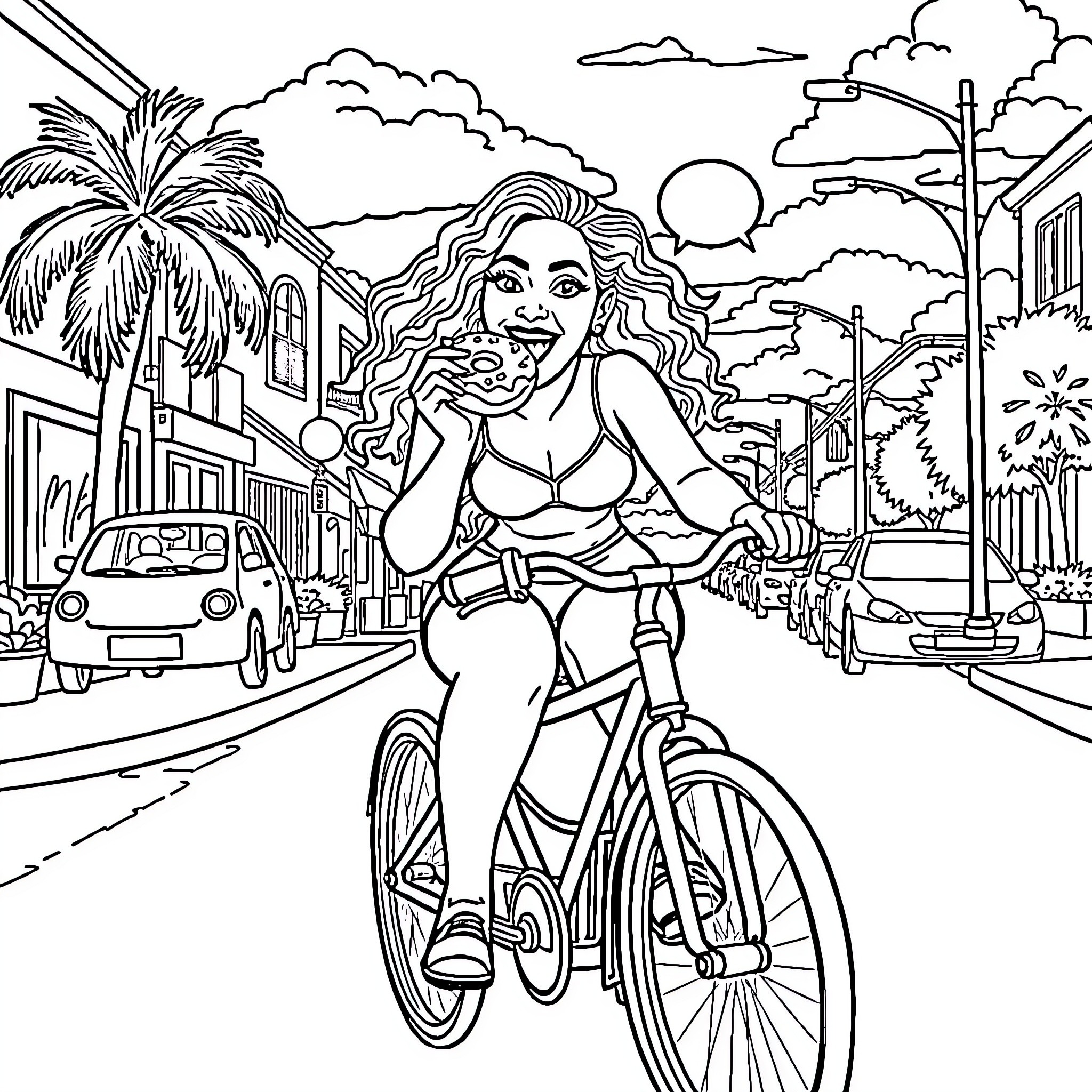 Beyonce enjoying a sunny day on her bicycle Coloring Page (free black-and-white line drawing printable PDF for all, from beginners to advanced learners, including children, teens, adults, and seniors)