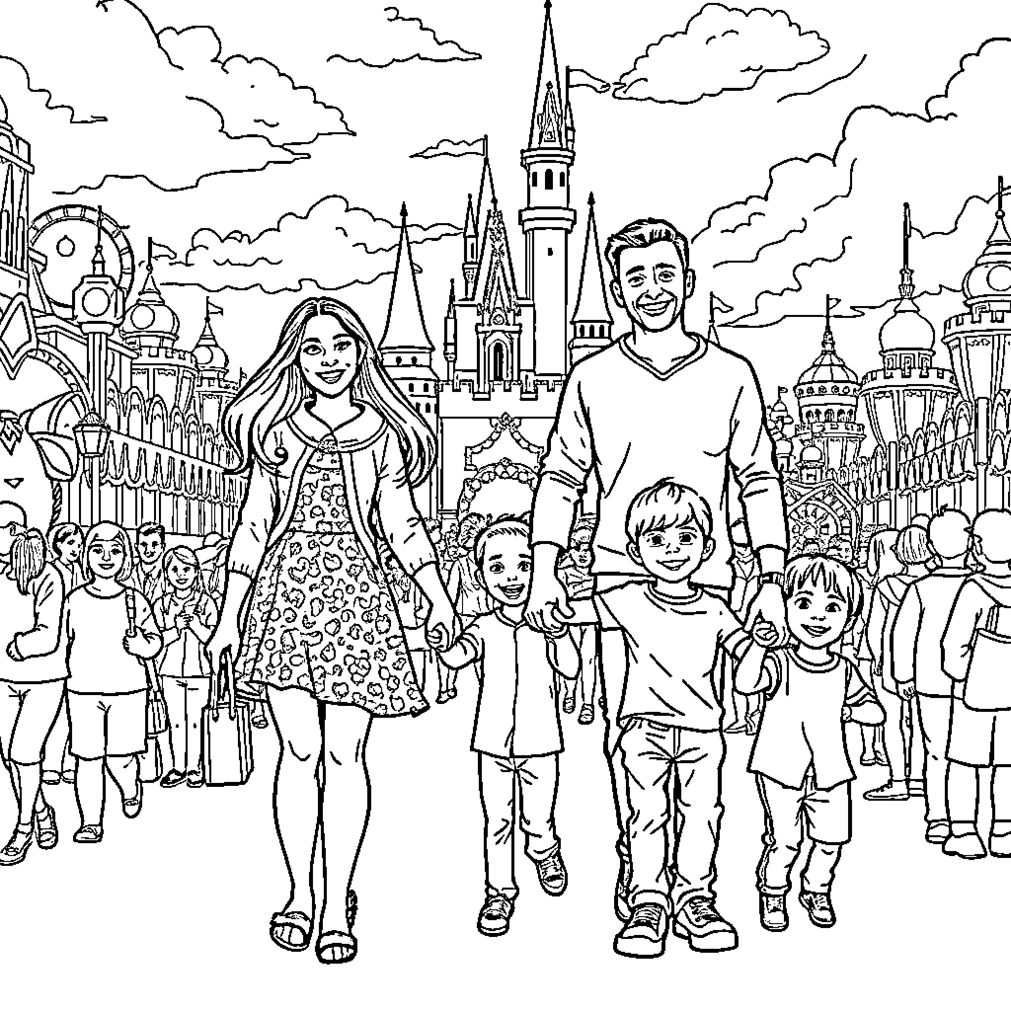 Family Enjoys a Festive Outing at an Amusement Park Coloring Page (free black-and-white line drawing printable PDF for all, from beginners to advanced learners, including children, teens, adults, and seniors)