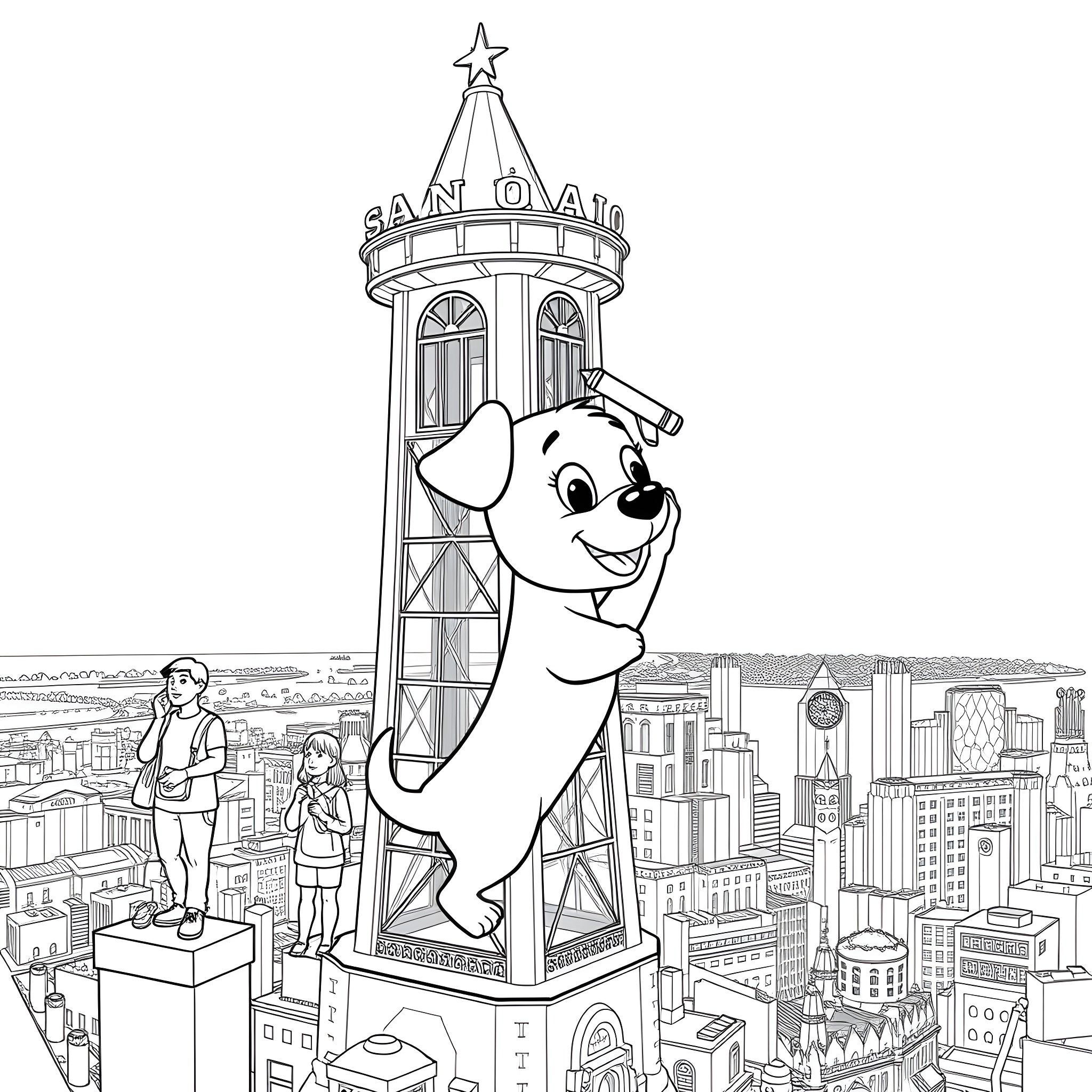 Bluey exploring the San Oai tower with friends Coloring Page (free black-and-white line drawing printable PDF for all, from beginners to advanced learners, including children, teens, adults, and seniors)