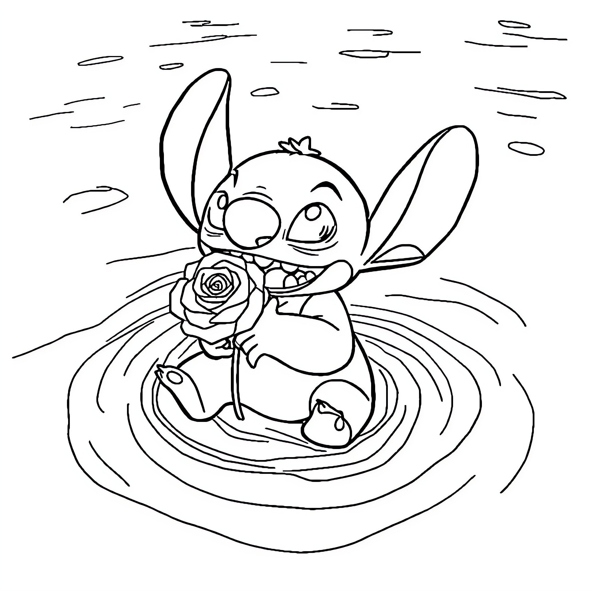 Stitch admiring a rose in a pond Coloring Page (free black-and-white line drawing printable PDF for all, from beginners to advanced learners, including children, teens, adults, and seniors)