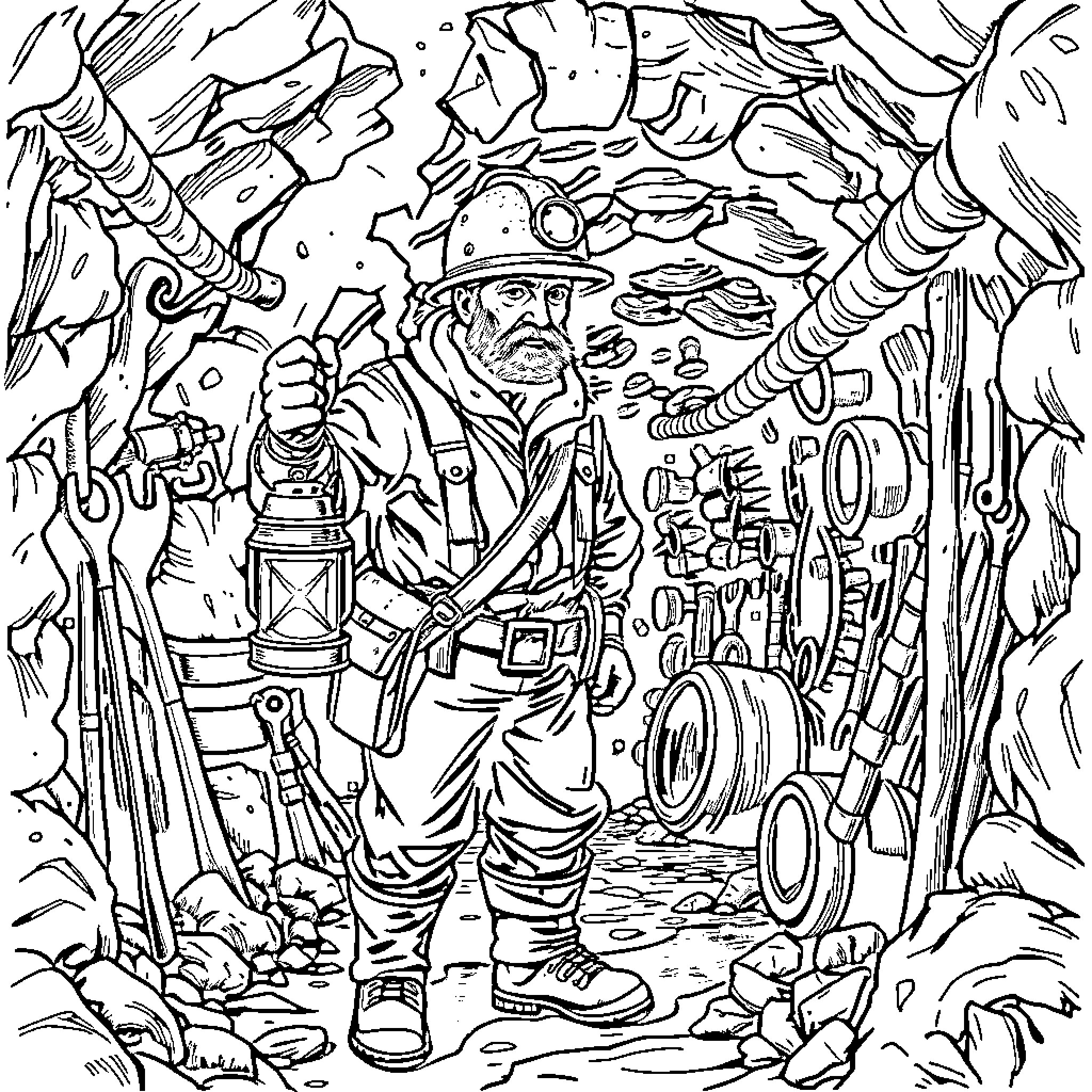 Coal Miner Exploring Underground Cave Dwelling Coloring Page (free black-and-white line drawing printable PDF for all, from beginners to advanced learners, including children, teens, adults, and seniors)