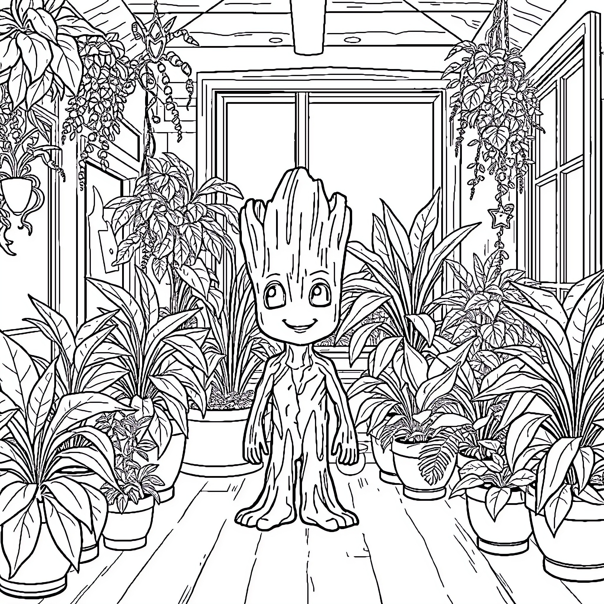 Groot enjoying nature in a lush indoor garden Coloring Page (free black-and-white line drawing printable PDF for all, from beginners to advanced learners, including children, teens, adults, and seniors)