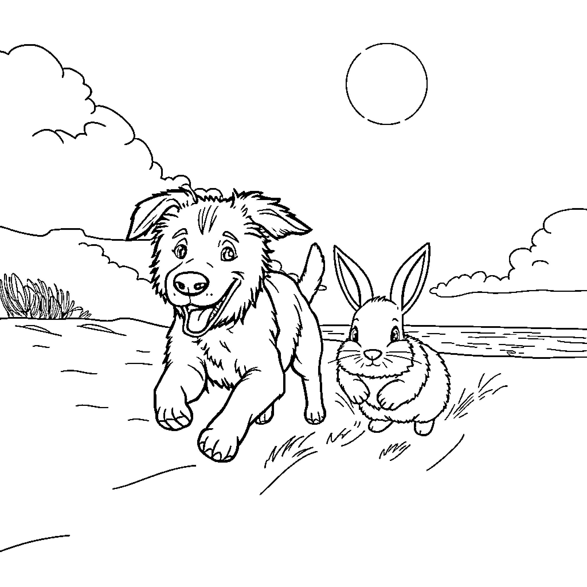 Dog and rabbit playing happily outdoors Coloring Page (free black-and-white line drawing printable PDF for all, from beginners to advanced learners, including children, teens, adults, and seniors)