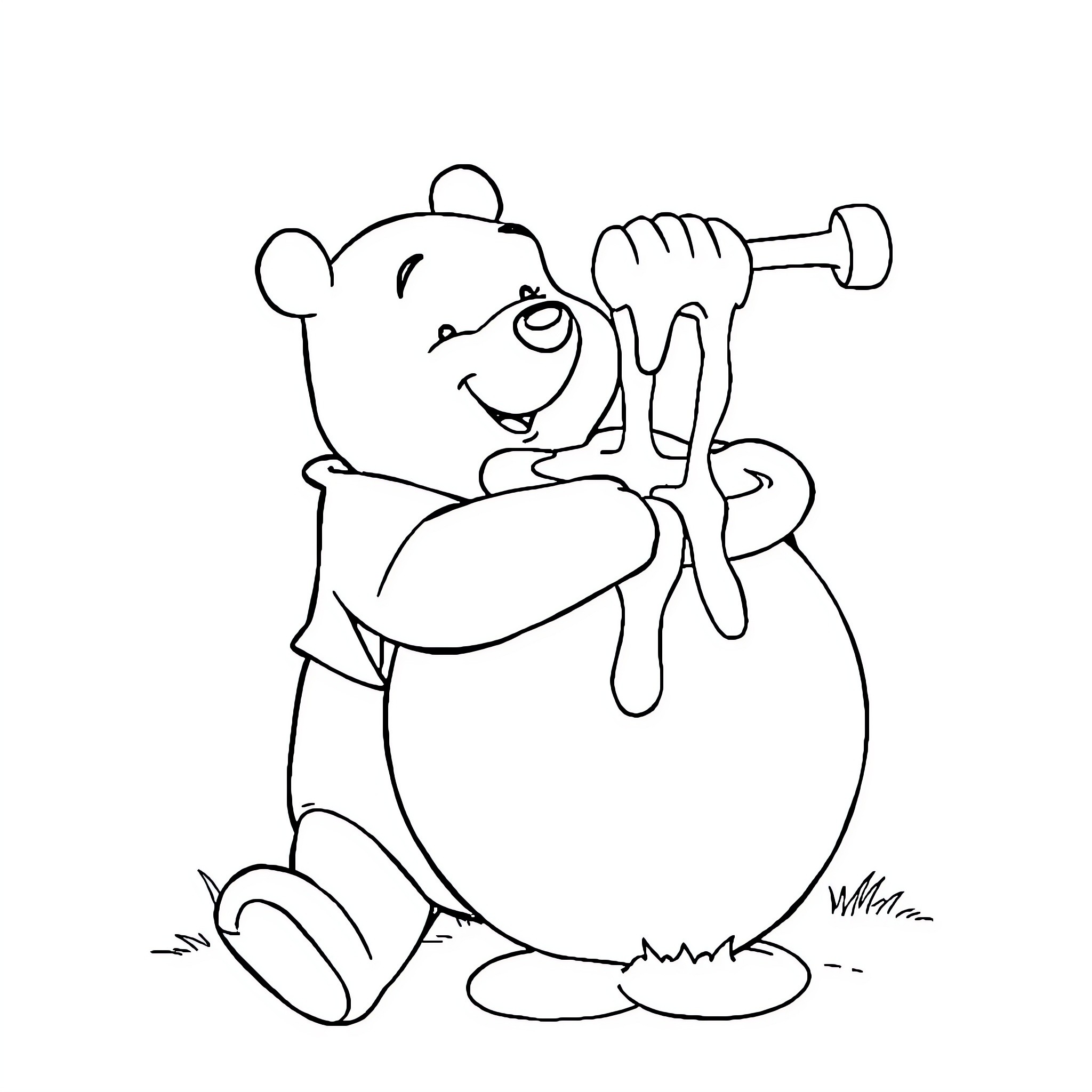 Pooh Bear sitting on a large ball Coloring Page (free black-and-white line drawing printable PDF for all, from beginners to advanced learners, including children, teens, adults, and seniors)