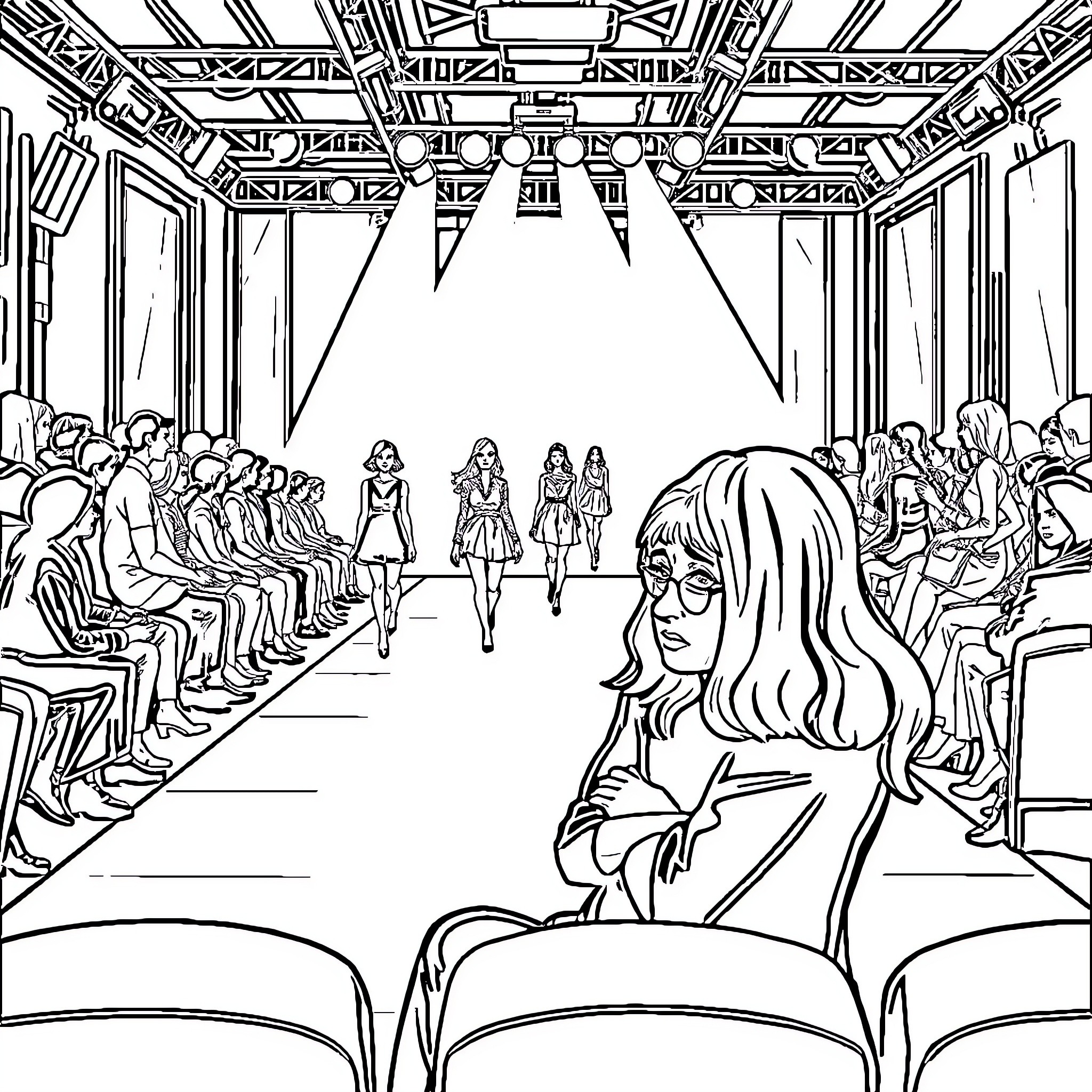 Woman observing fashion show on stage Coloring Page (free black-and-white line drawing printable PDF for all, from beginners to advanced learners, including children, teens, adults, and seniors)
