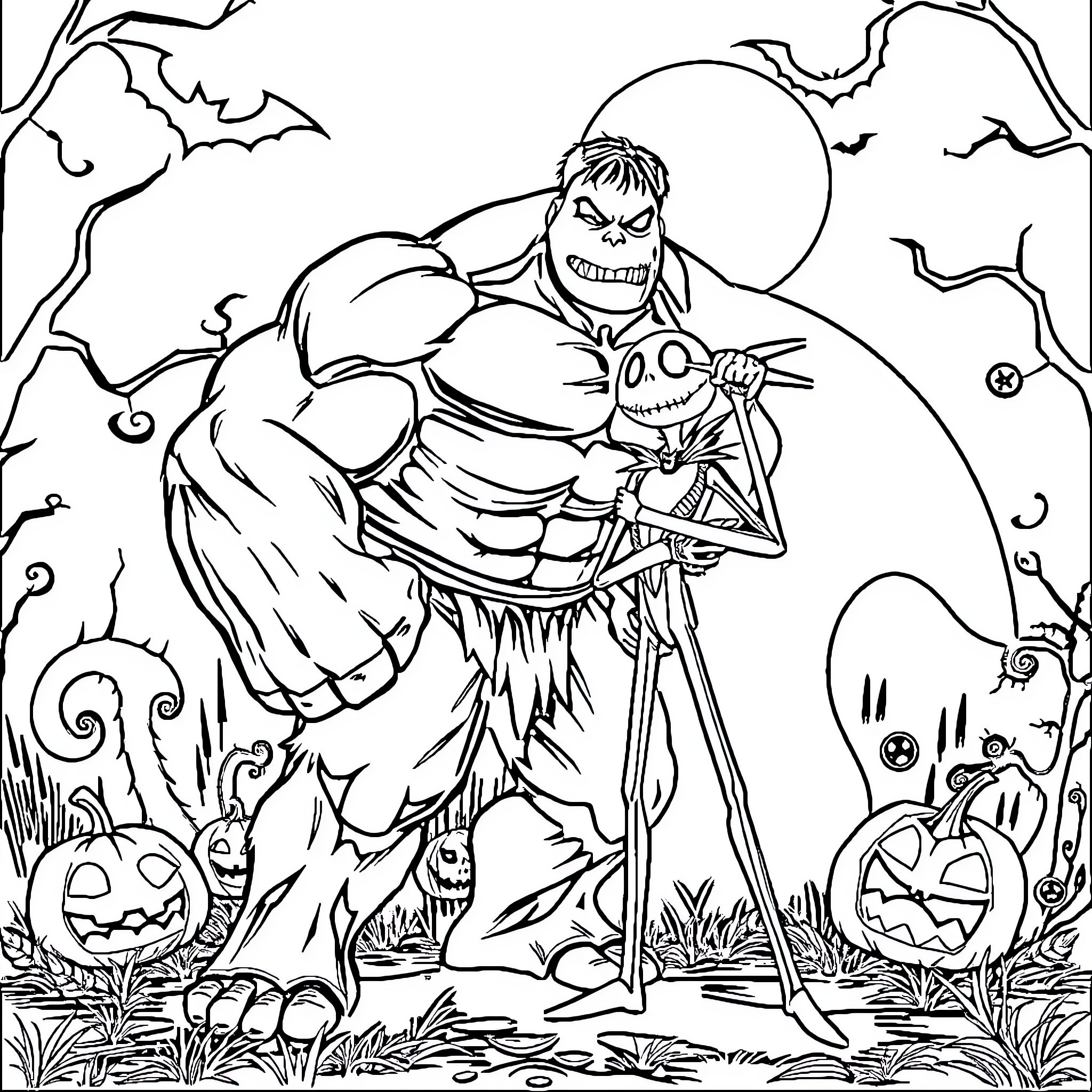 Hulk heroically stands amidst Halloween scenes Coloring Page (free black-and-white line drawing printable PDF for all, from beginners to advanced learners, including children, teens, adults, and seniors)