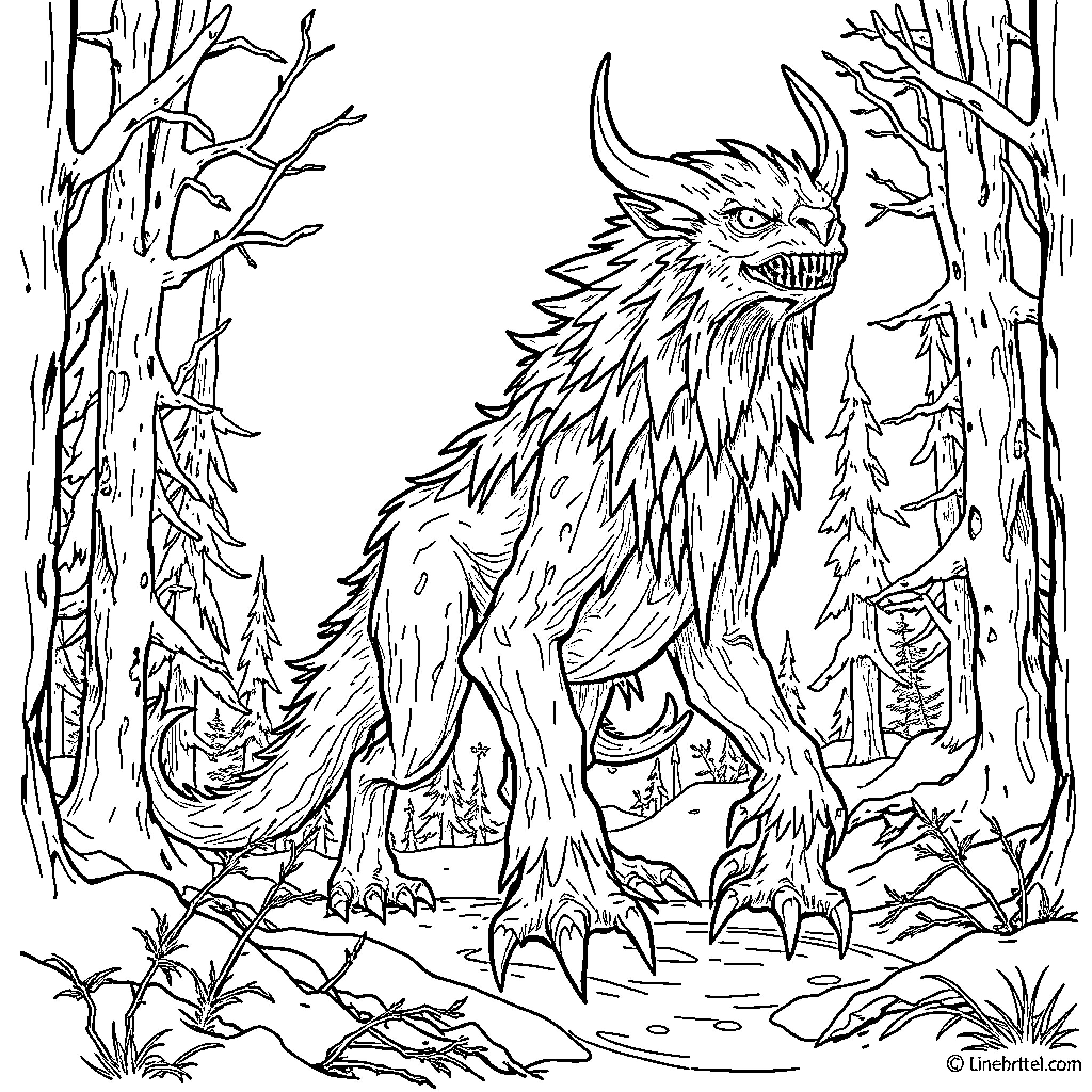 Windigo Creature Prowling Through Snowy Forest Coloring Page (free black-and-white line drawing printable PDF for all, from beginners to advanced learners, including children, teens, adults, and seniors)