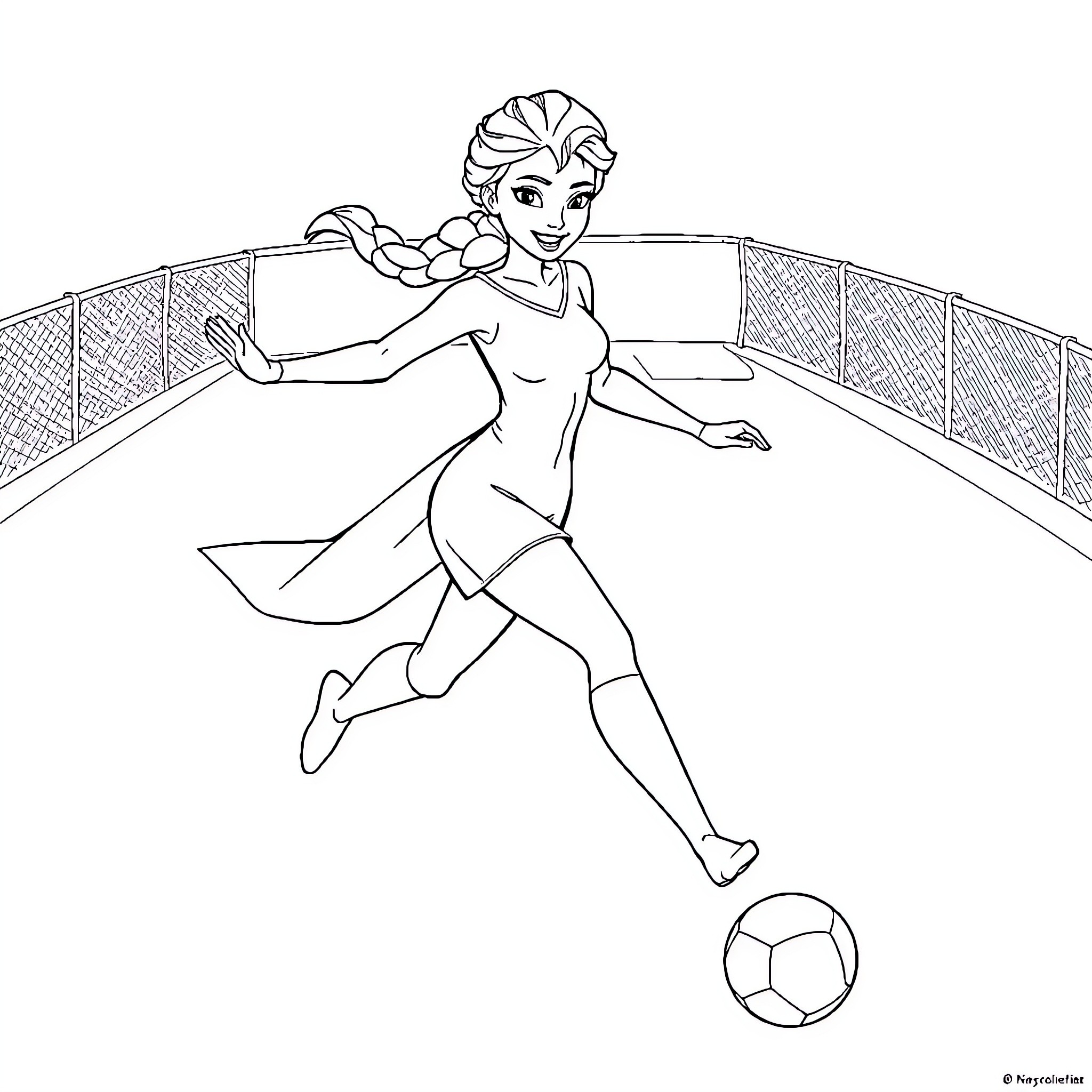 Elsa playing soccer on the field Coloring Page (free black-and-white line drawing printable PDF for all, from beginners to advanced learners, including children, teens, adults, and seniors)