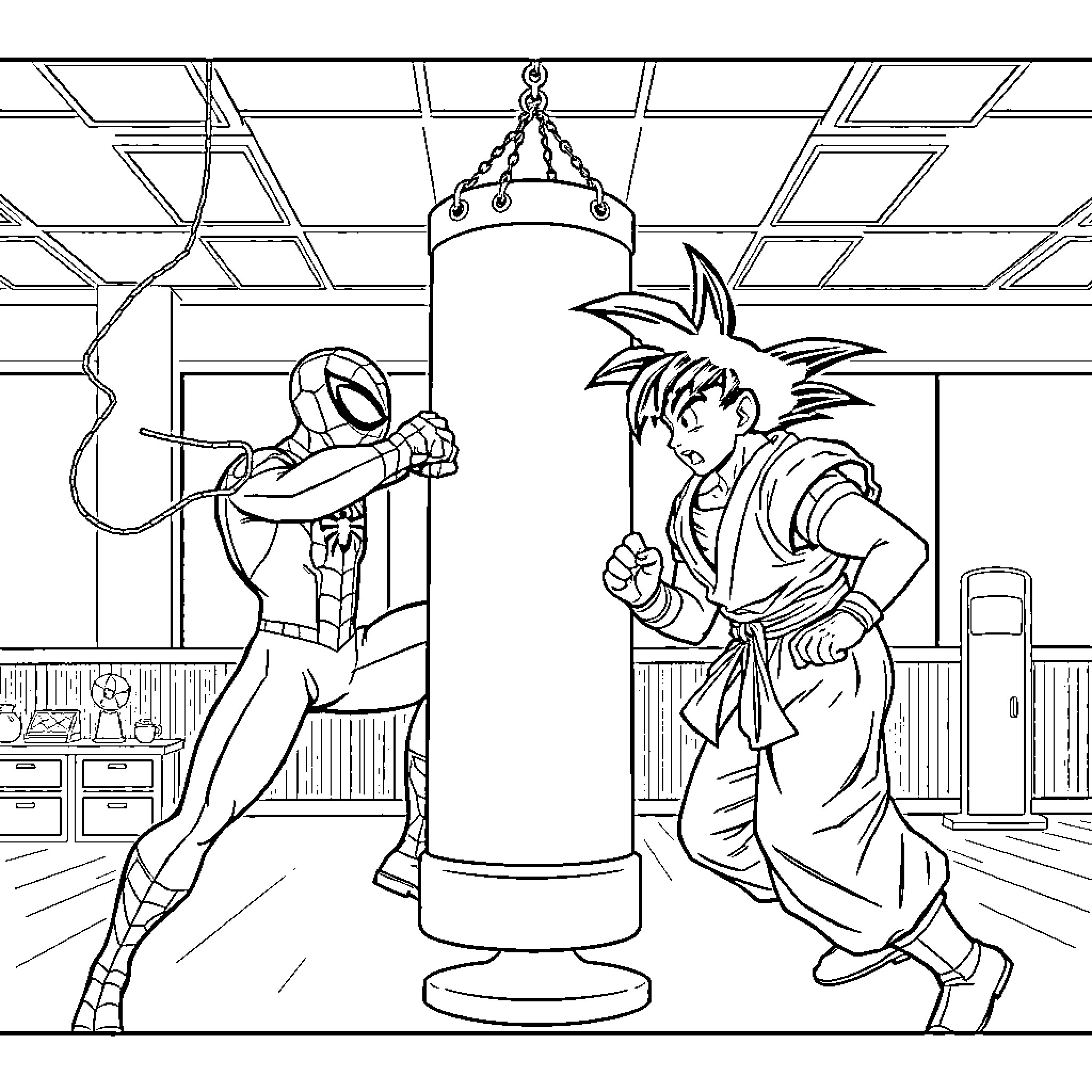 Superhero Characters Training and Fighting in a Gym Coloring Page (free black-and-white line drawing printable PDF for all, from beginners to advanced learners, including children, teens, adults, and seniors)