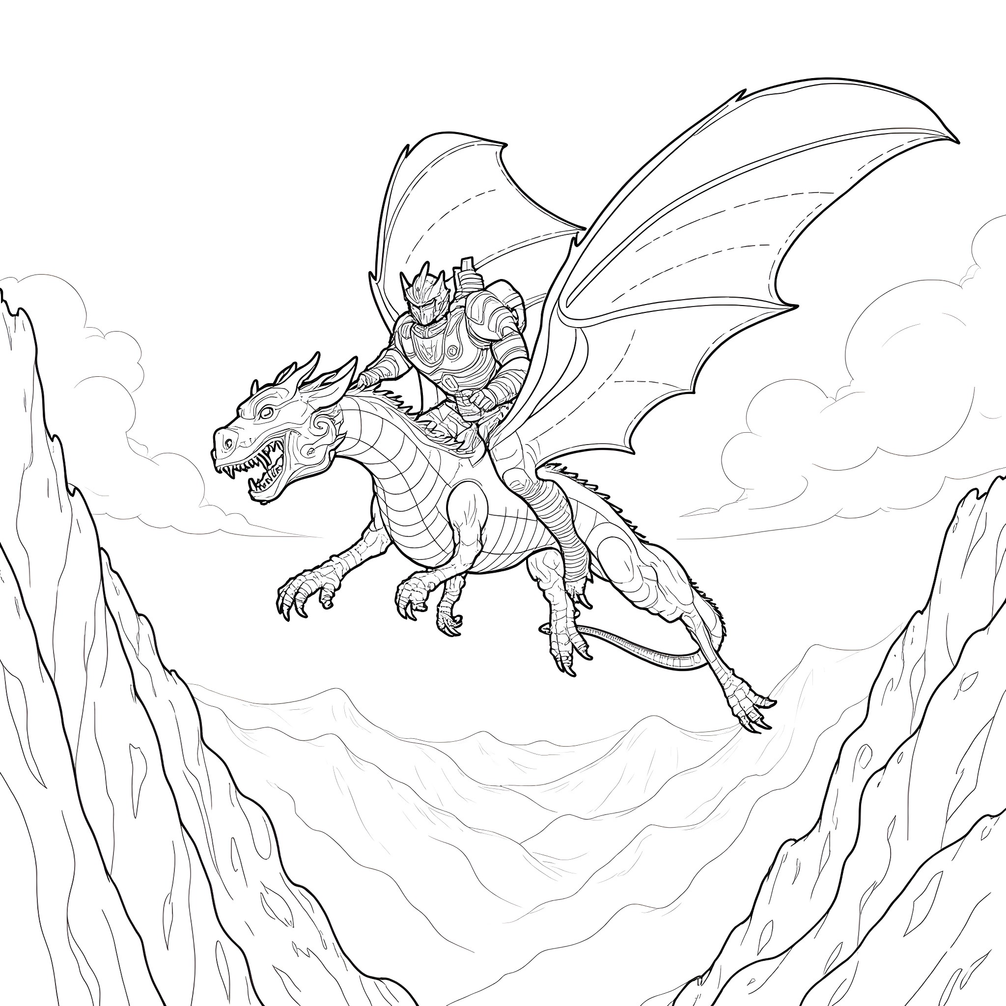 Bumblebee riding a fearsome dragon in the sky Coloring Page (free black-and-white line drawing printable PDF for all, from beginners to advanced learners, including children, teens, adults, and seniors)
