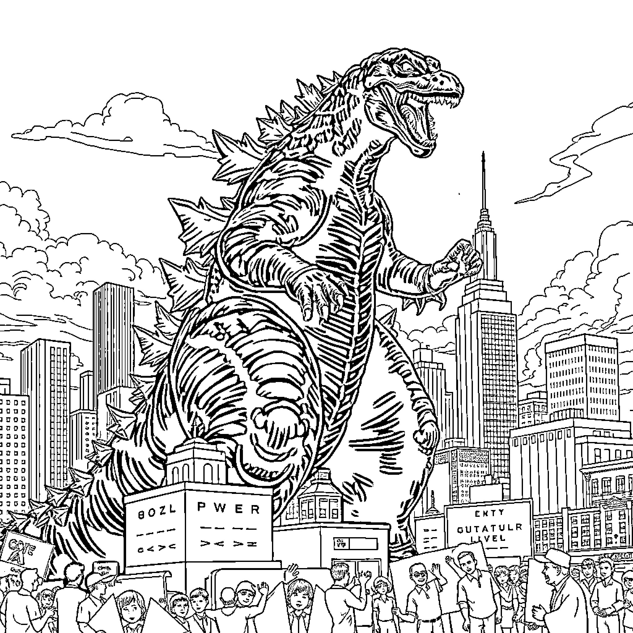 Godzilla rampaging through the city skyline Coloring Page (free black-and-white line drawing printable PDF for all, from beginners to advanced learners, including children, teens, adults, and seniors)