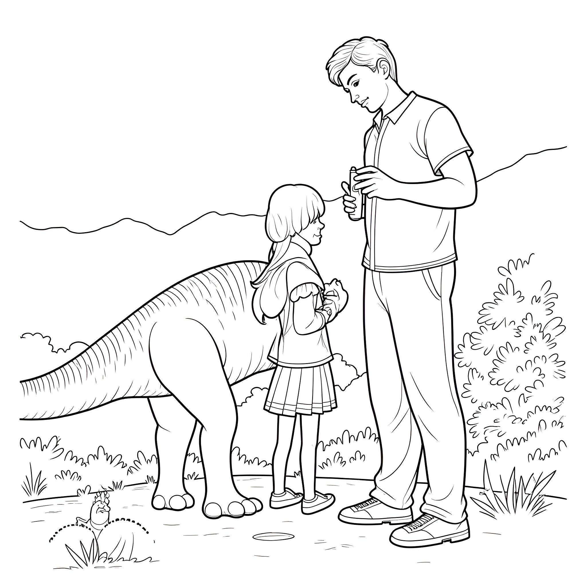 Girl interacting with friendly animal in natural setting Coloring Page (free black-and-white line drawing printable PDF for all, from beginners to advanced learners, including children, teens, adults, and seniors)