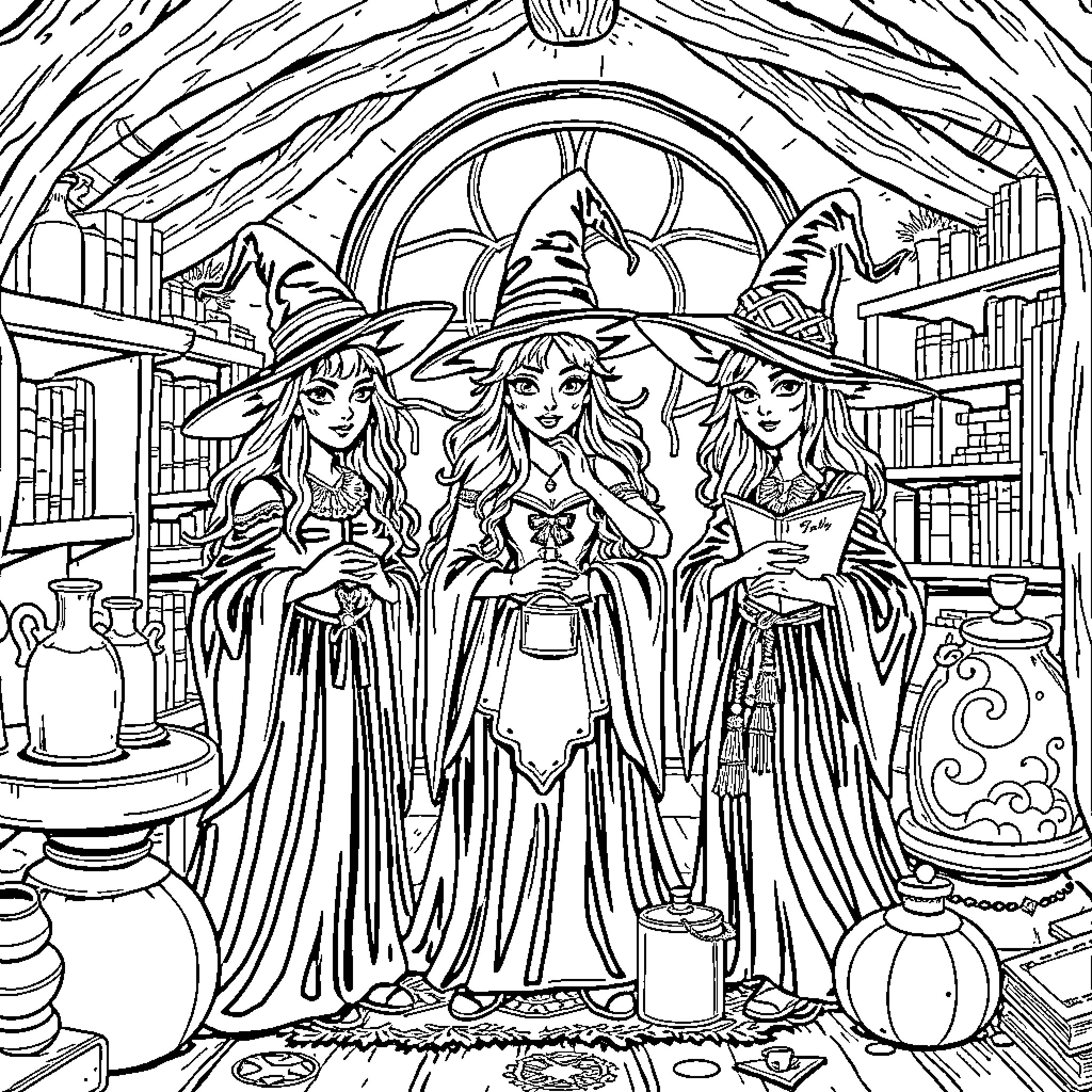 Charmed Ones - Witches in Enchanting Attire Coloring Page (free black-and-white line drawing printable PDF for all, from beginners to advanced learners, including children, teens, adults, and seniors)