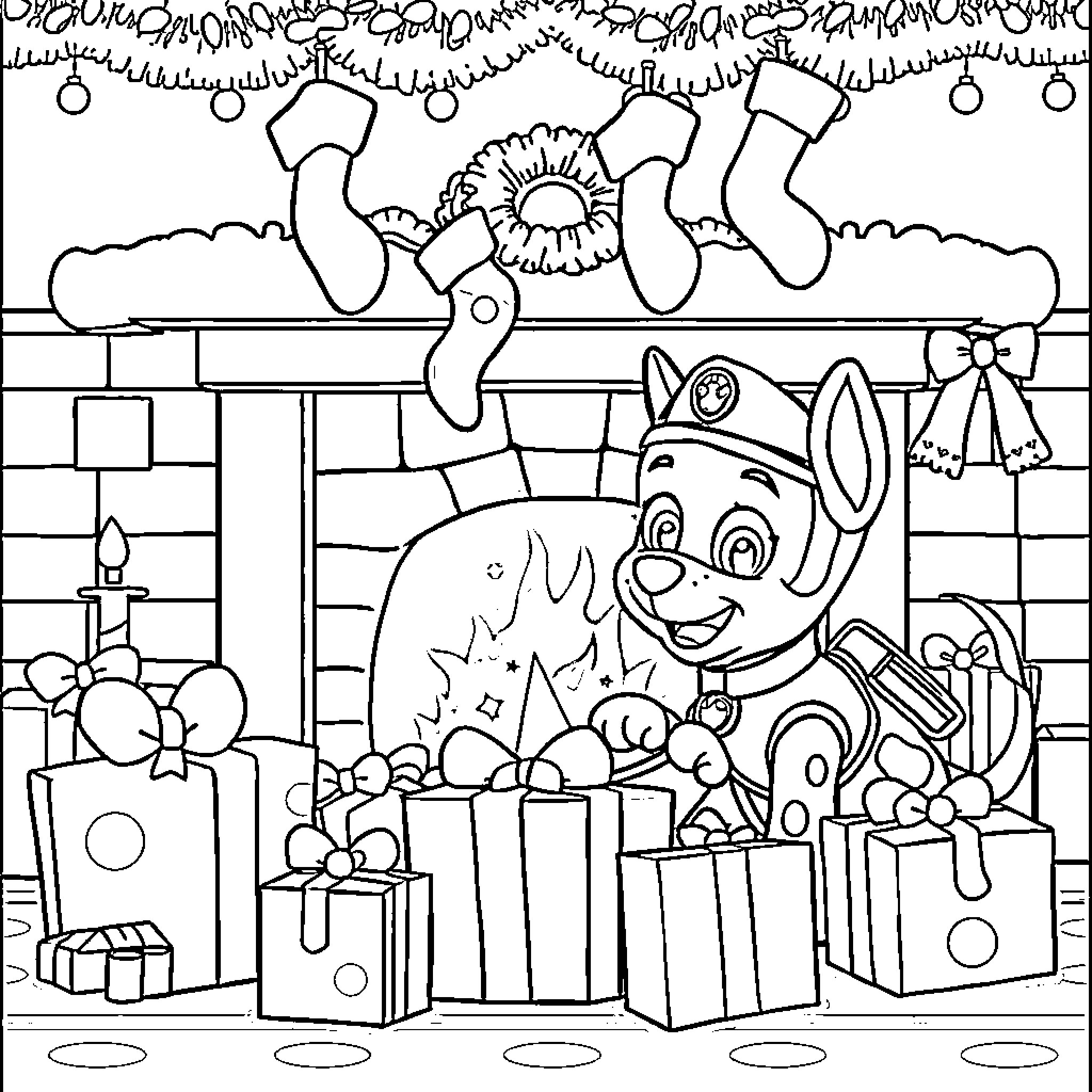 Skye's Festive Celebration with Pups Coloring Page (free black-and-white line drawing printable PDF for all, from beginners to advanced learners, including children, teens, adults, and seniors)