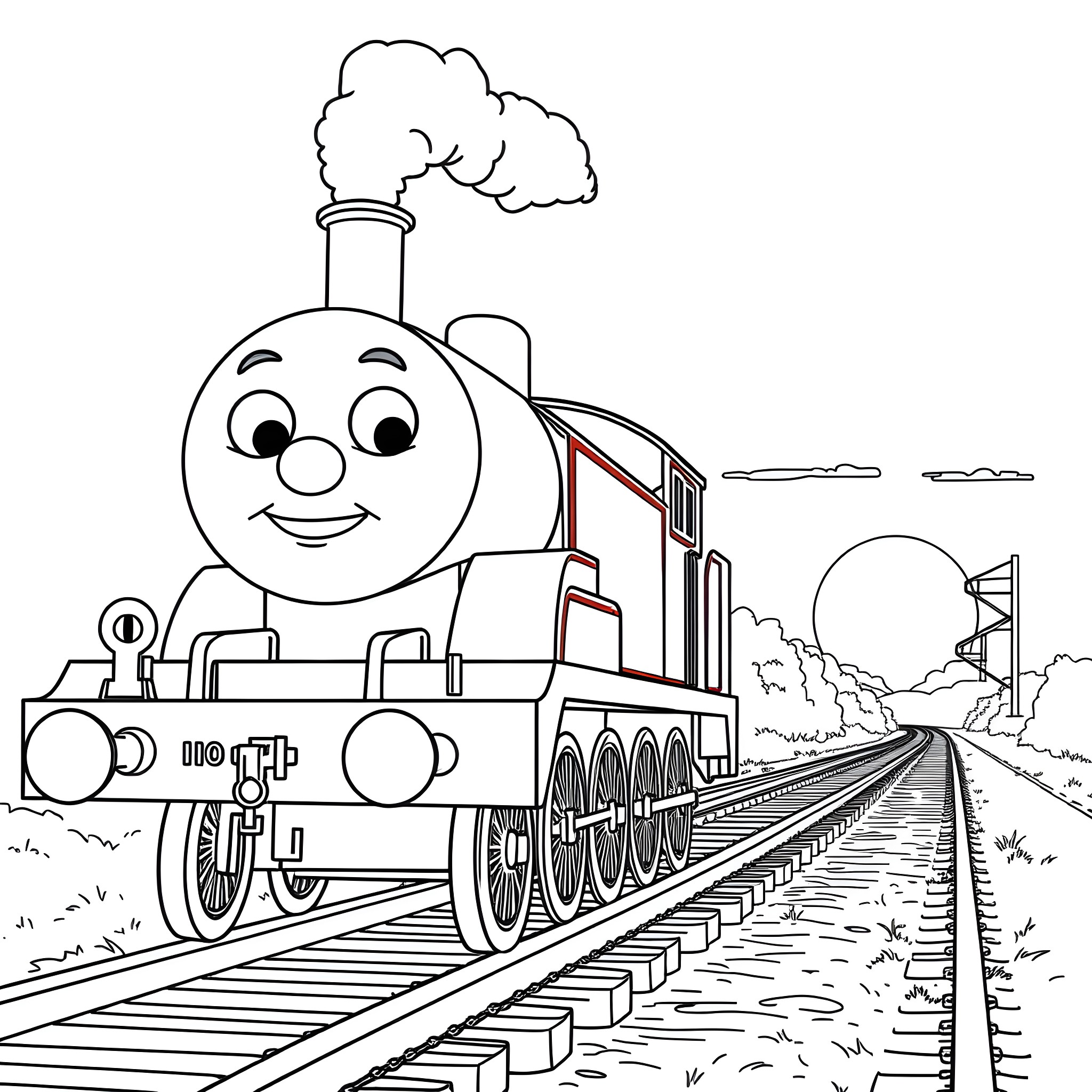 Thomas the Happy Train on a Scenic Railway Track Coloring Page (free black-and-white line drawing printable PDF for all, from beginners to advanced learners, including children, teens, adults, and seniors)