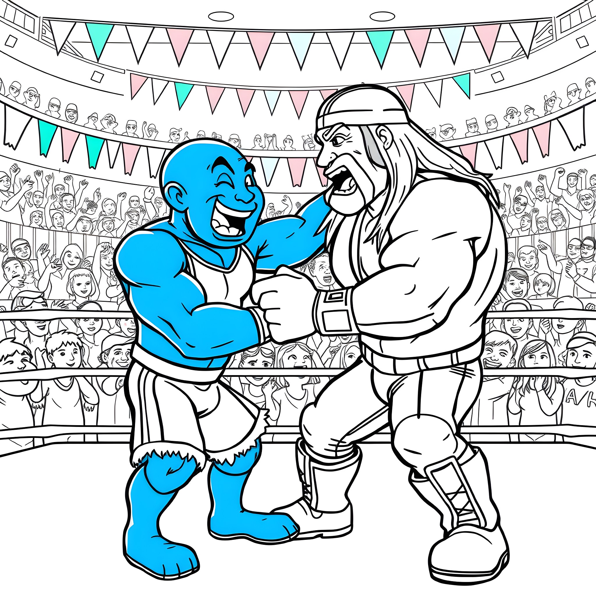 Bluey wrestlers in a festive wrestling match Coloring Page (free black-and-white line drawing printable PDF for all, from beginners to advanced learners, including children, teens, adults, and seniors)