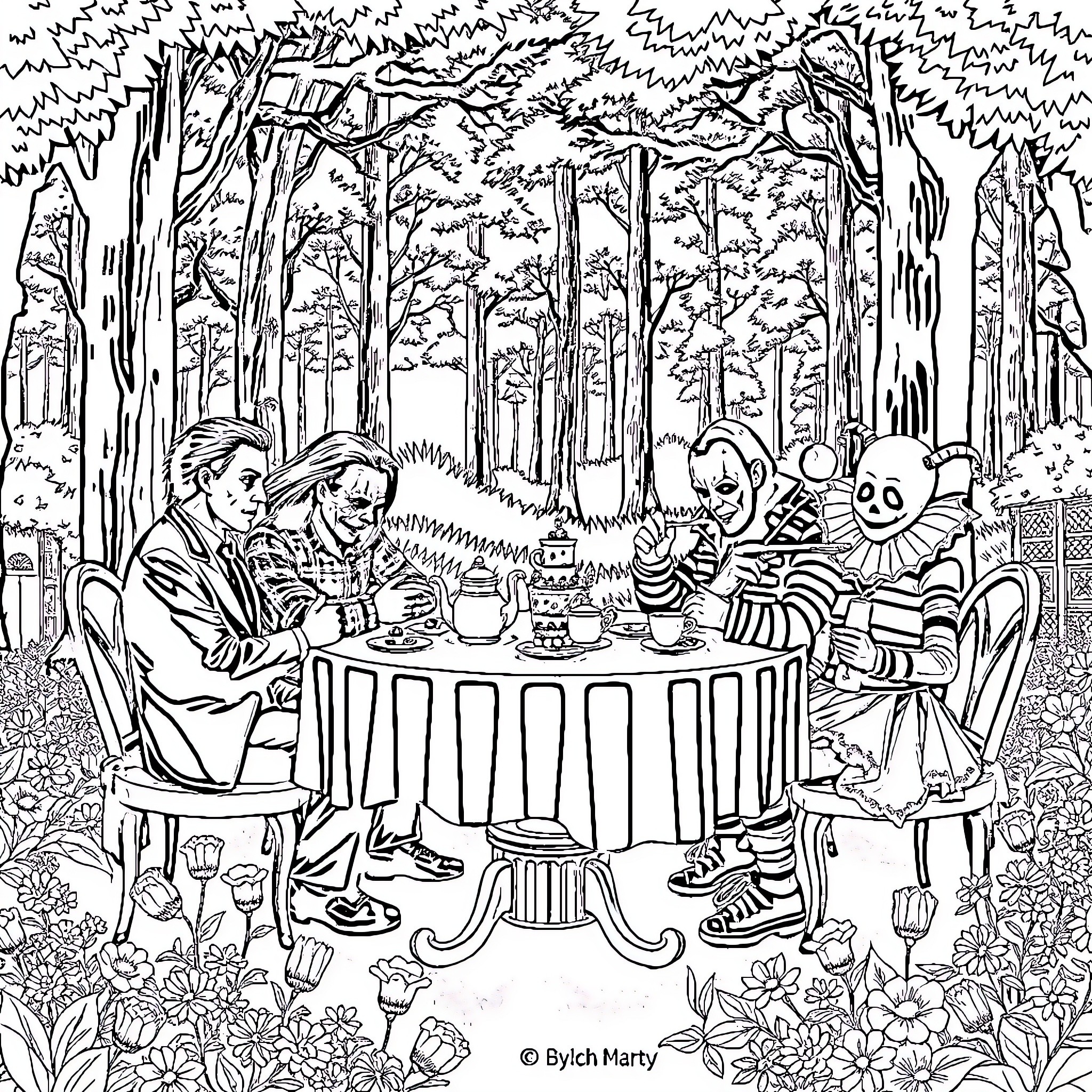 Horror Character Tea Party in Enchanted Forest Coloring Page (free black-and-white line drawing printable PDF for all, from beginners to advanced learners, including children, teens, adults, and seniors)