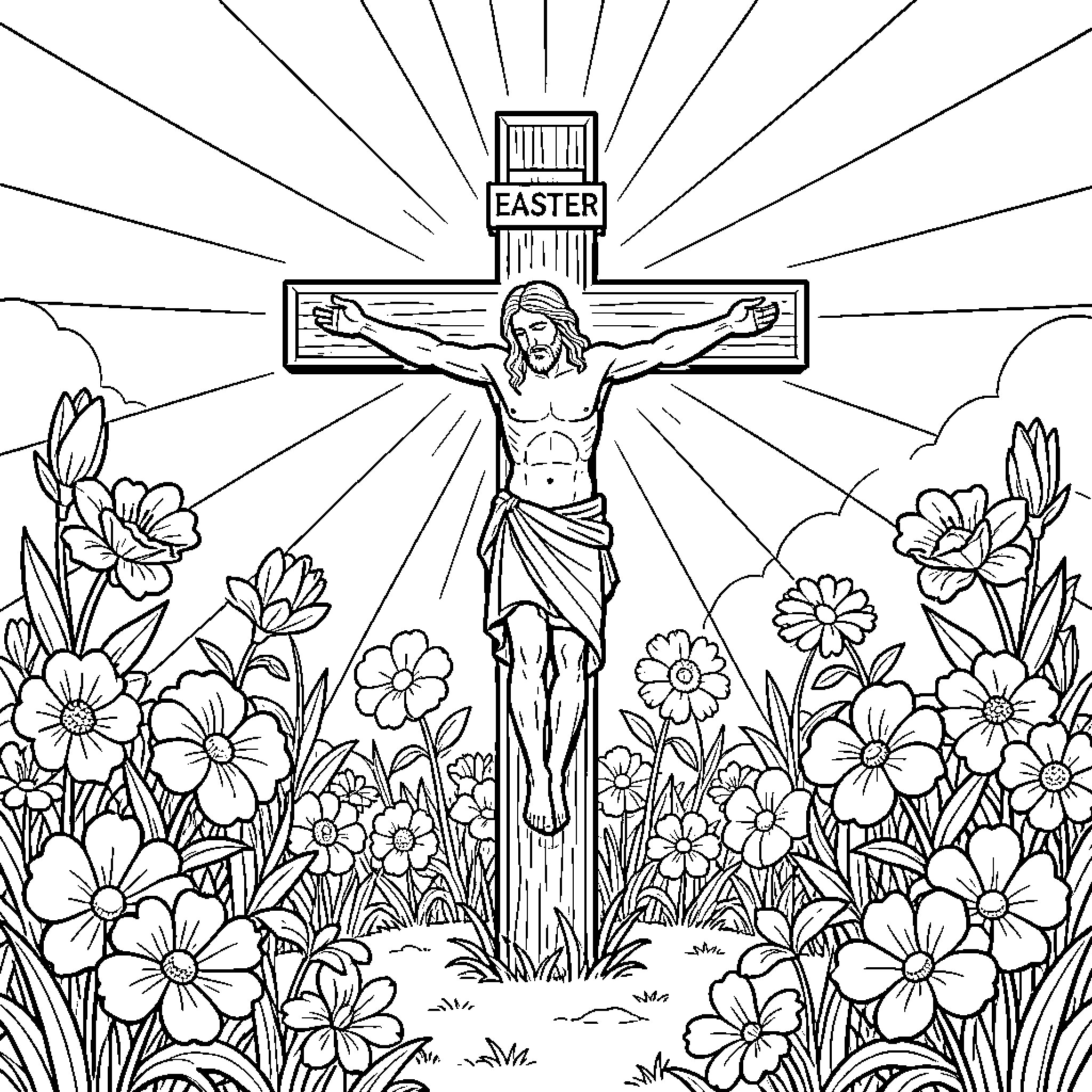 Cross of Christ in Flower Garden Coloring Page (free black-and-white line drawing printable PDF for all, from beginners to advanced learners, including children, teens, adults, and seniors)